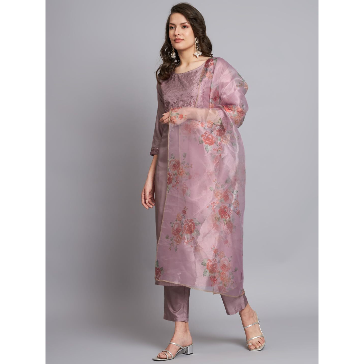 Vredevogel Women's Silk Blend Embroidered Straight Kurta Pant Set With Organza Dupatta (Lavendar_Small)