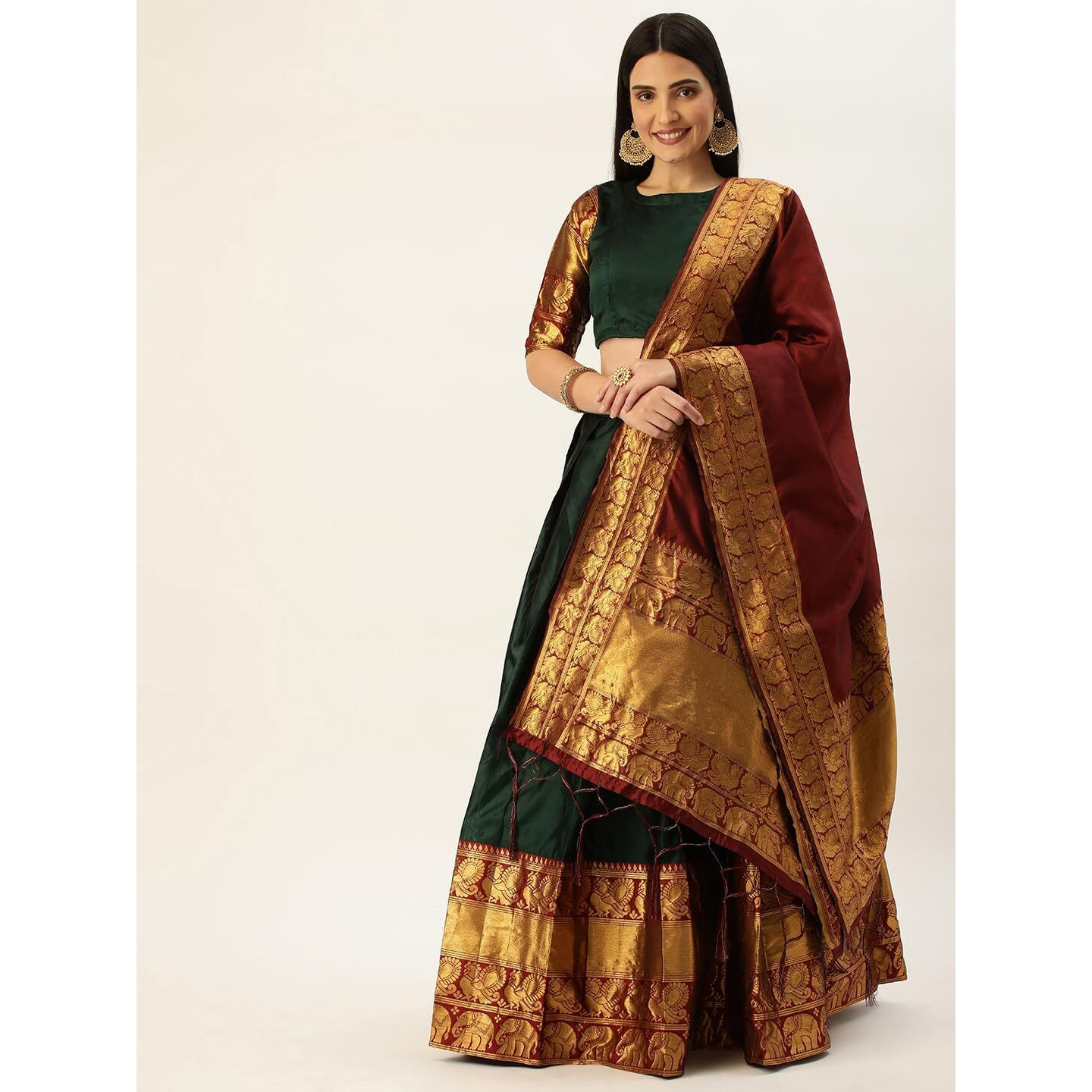 Zerico Women's Indian Traditional Kanjivaram Kanchipuram Silk Pure Zari Weaving Lehenga Choli And Havay Zari Work Dupatta With Blouse (All Unstitched) (Half Saree) (Green-)