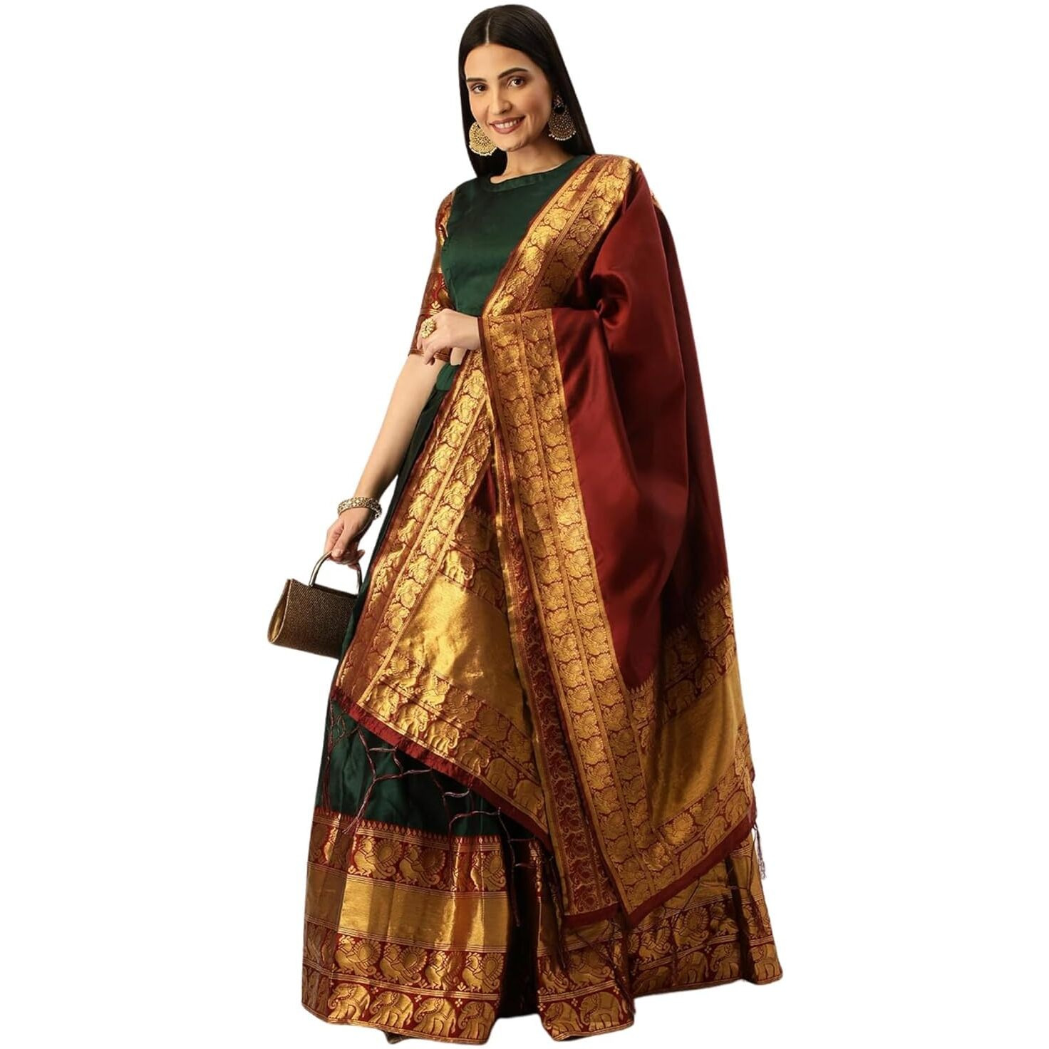 Zerico Women's Indian Traditional Kanjivaram Kanchipuram Silk Pure Zari Weaving Lehenga Choli And Havay Zari Work Dupatta With Blouse (All Unstitched) (Half Saree) (Green-)
