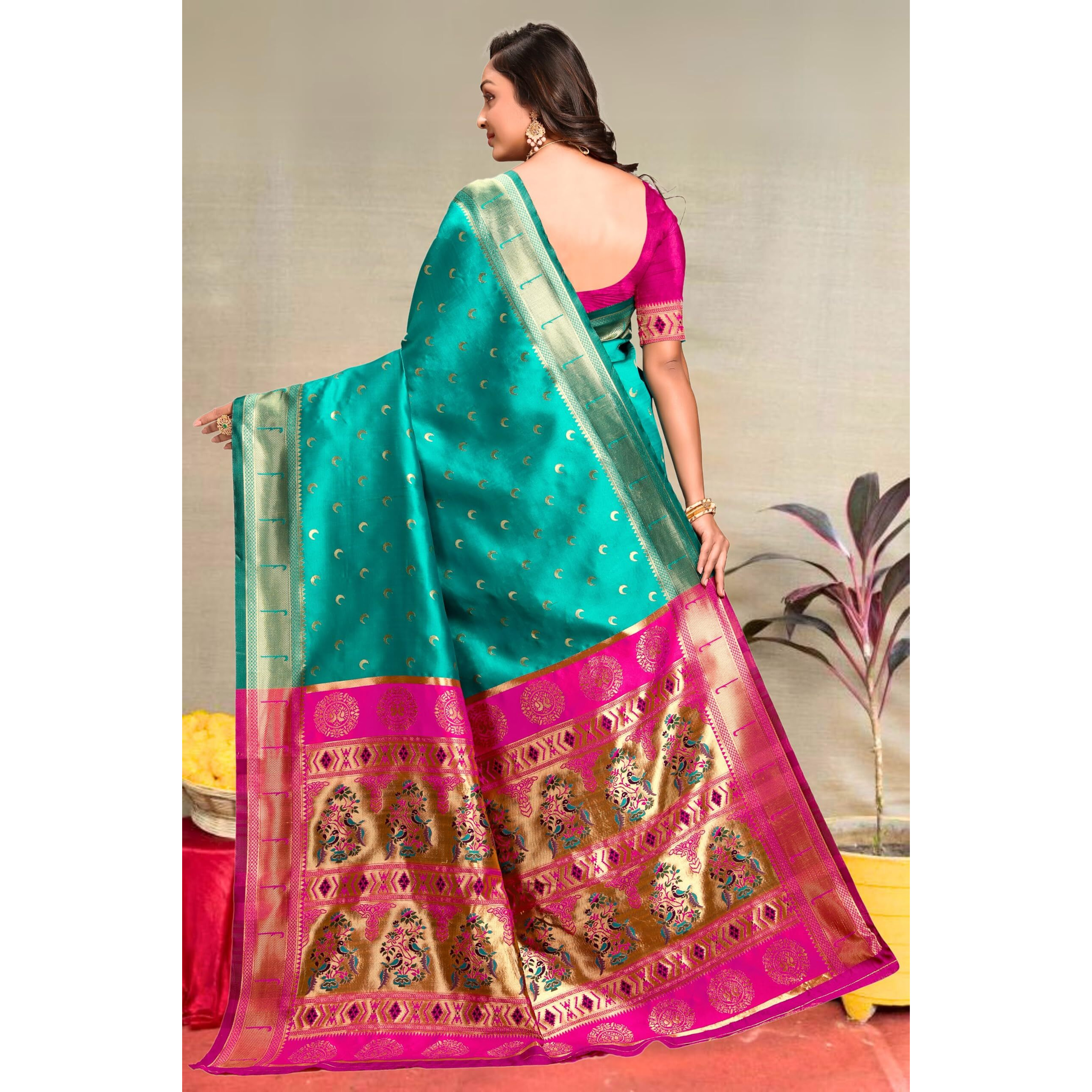 C J Enterprise Women's Banarasi Saree Pure Kanjivaram Silk Saree Soft Design Wear Pattu Sarees Latest Cotton With Blouse Piece For Wedding Sadi New Ladies 2025 (Chand Paithani) (Rama-Pink)
