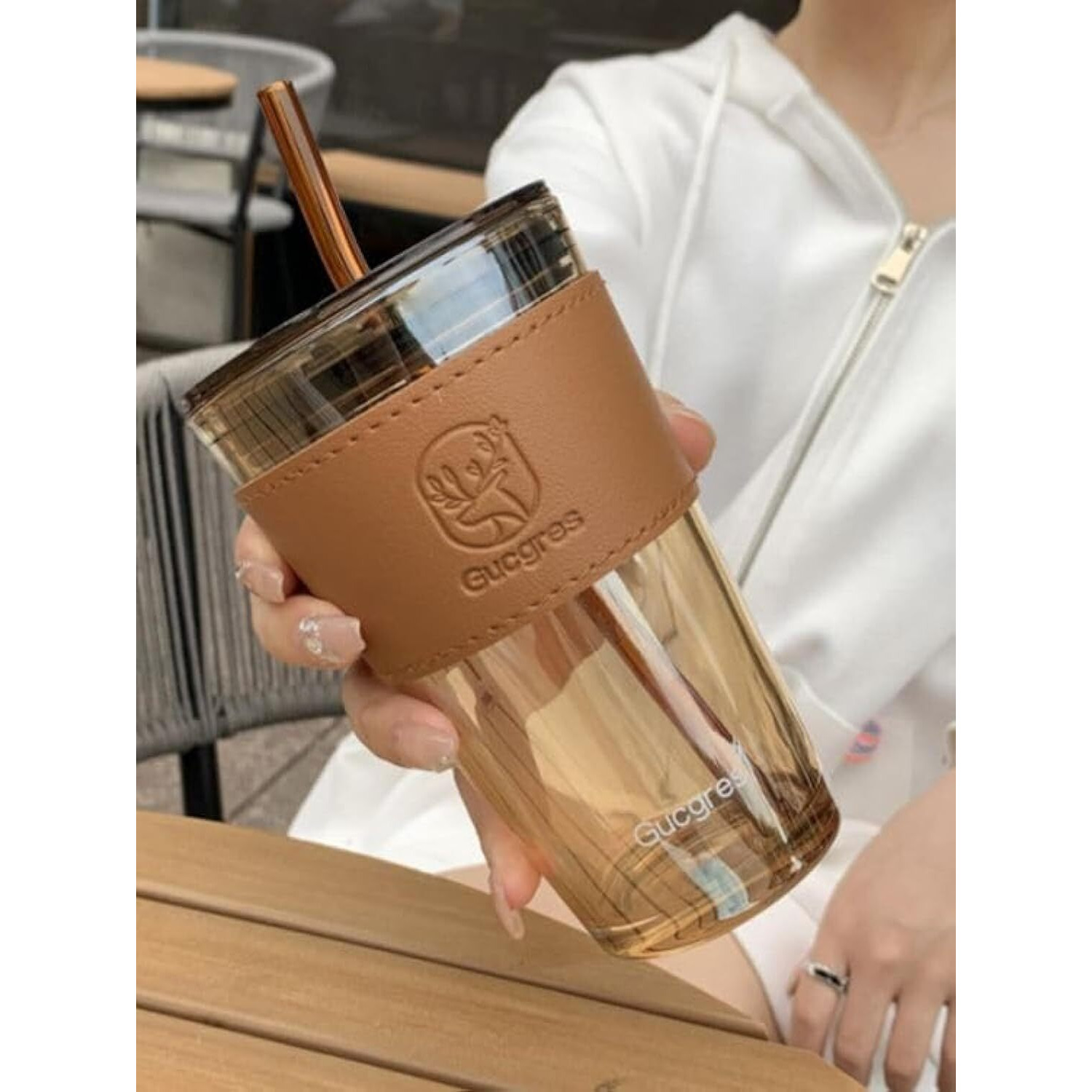 Kikiluxxa Glass Coffee Sipper Mug With Leather Grip Pack Of 1, Clear Drinking Glasses Tumblers With Straws And Lids For Iced Tea, Juice, Cocktail, Smoothies Cold & Hot Beverages Cups