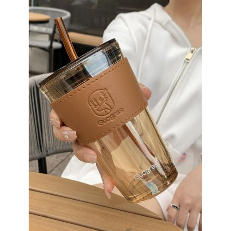 Kikiluxxa Glass Coffee Sipper Mug With Leather Grip Pack Of 1, Clear Drinking Glasses Tumblers With Straws And Lids For Iced Tea, Juice, Cocktail, Smoothies Cold & Hot Beverages Cups