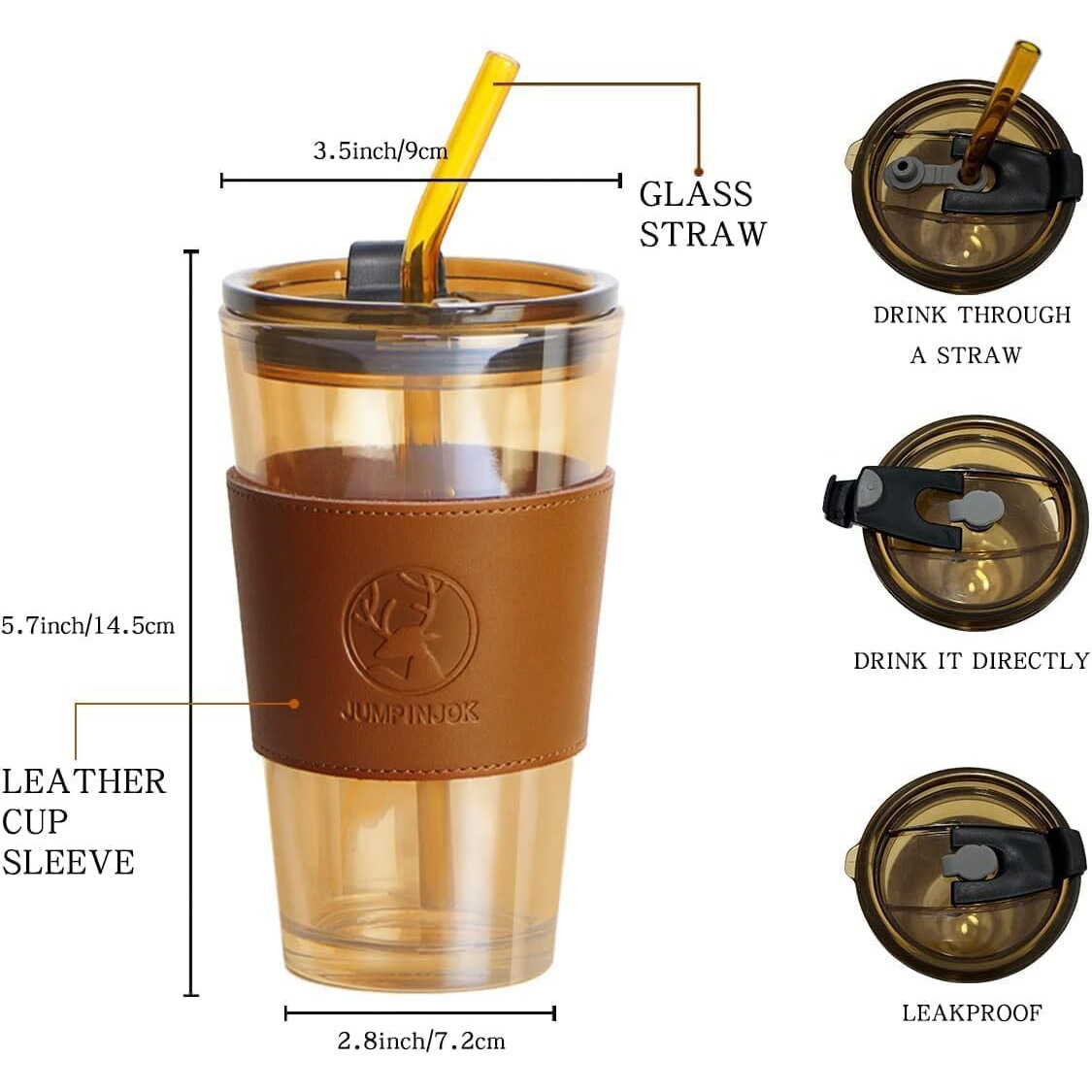 Kikiluxxa Glass Coffee Sipper Mug With Leather Grip Pack Of 1, Clear Drinking Glasses Tumblers With Straws And Lids For Iced Tea, Juice, Cocktail, Smoothies Cold & Hot Beverages Cups