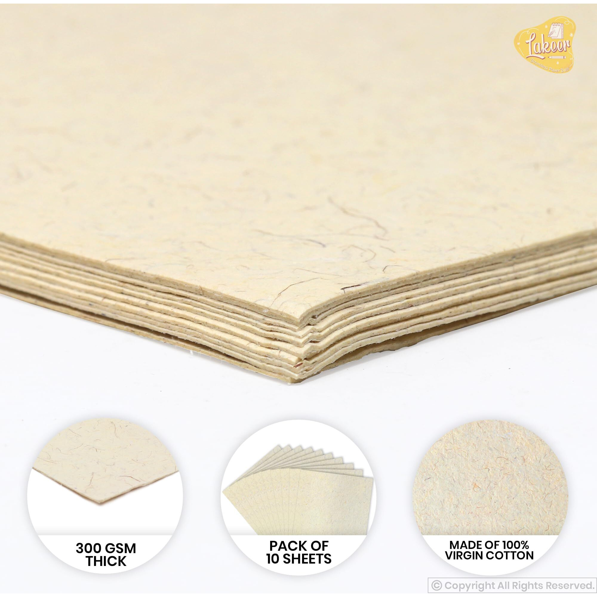 Lakeer A4 Handmade Paper-Watercolour Paper With Hemp, Pack Of 10 Sheets, 300 Gsm, 100% Virgin Cotton - Acid Free, Suitable For Wet Mediums, Ideal For Artists (Ivory)