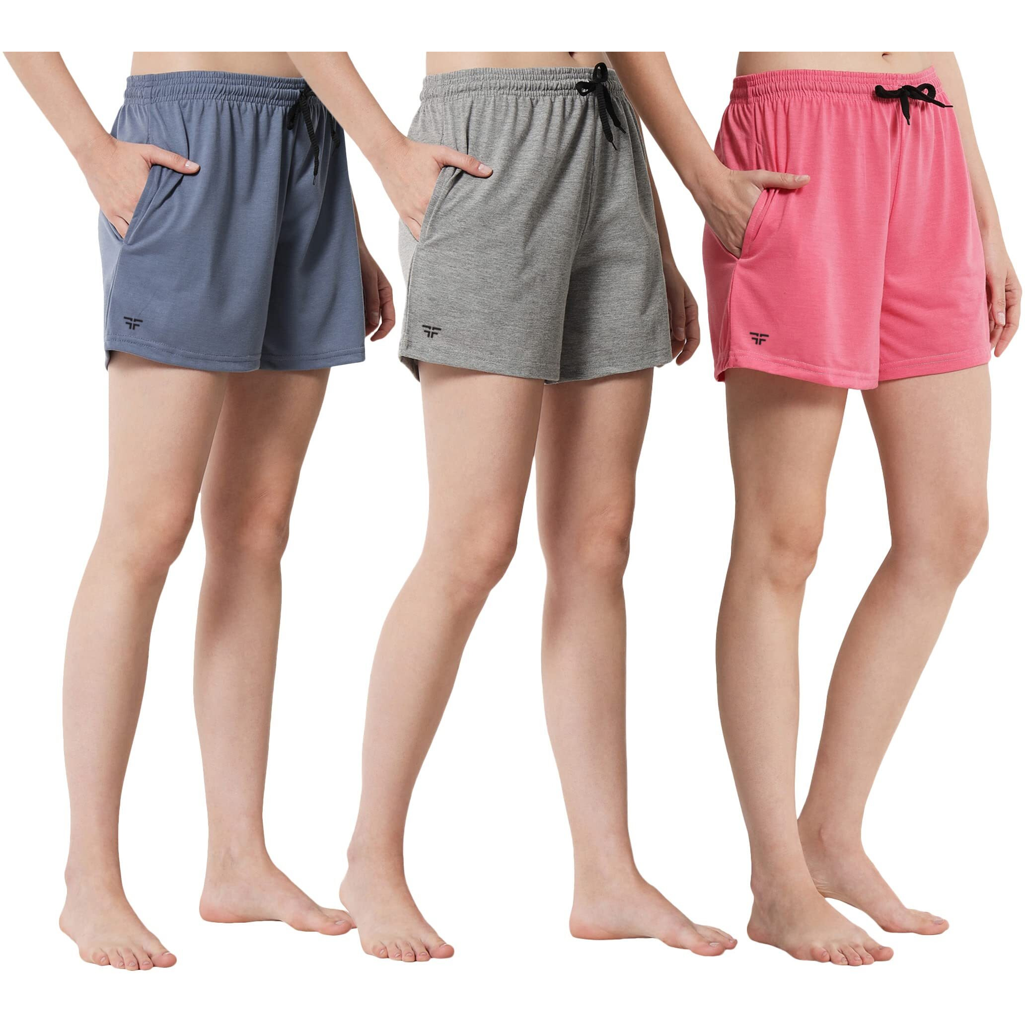 Fflirtygo Women's Shorts | Shorts For Women Short Pant For Women | Grey, Bluish Grey & Pink Shorts | Women Shorts Night Wear | Sports Shorts For Woman Combo (Pack Of 3)