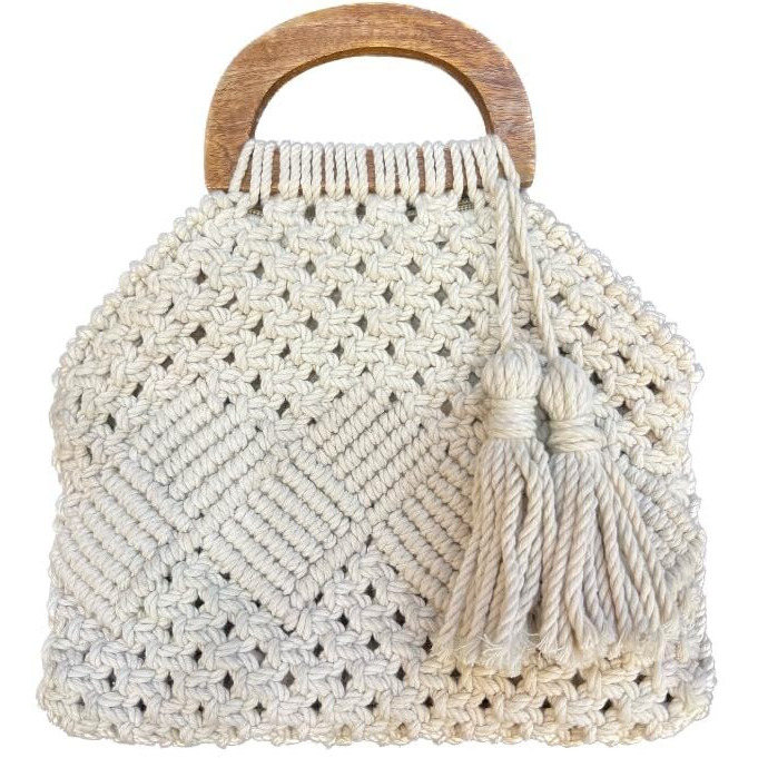 Love N Beyond Handmade Macrame Women Fashion Bag Boho Cotton Handbag With Wooden Handle