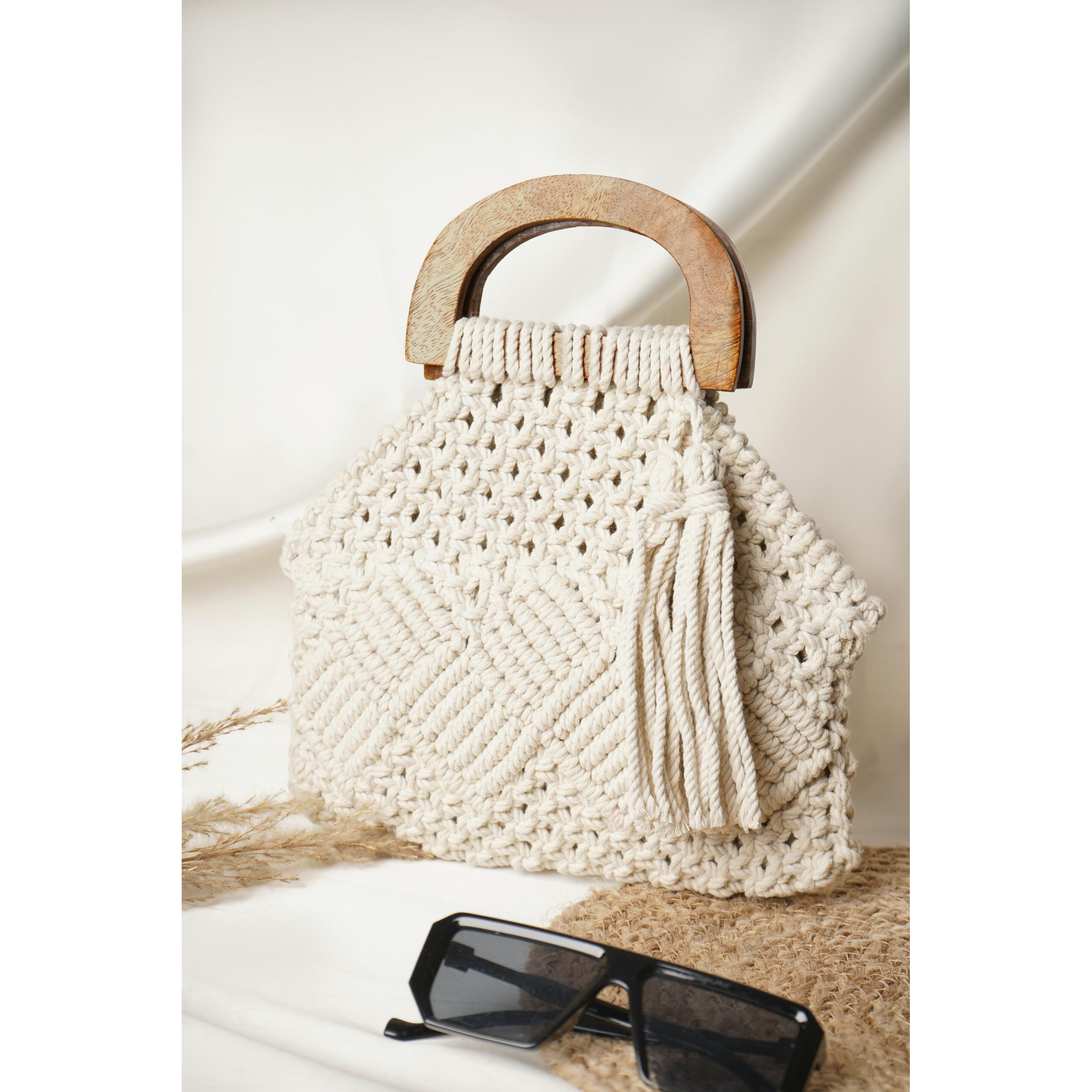 Love N Beyond Handmade Macrame Women Fashion Bag Boho Cotton Handbag With Wooden Handle