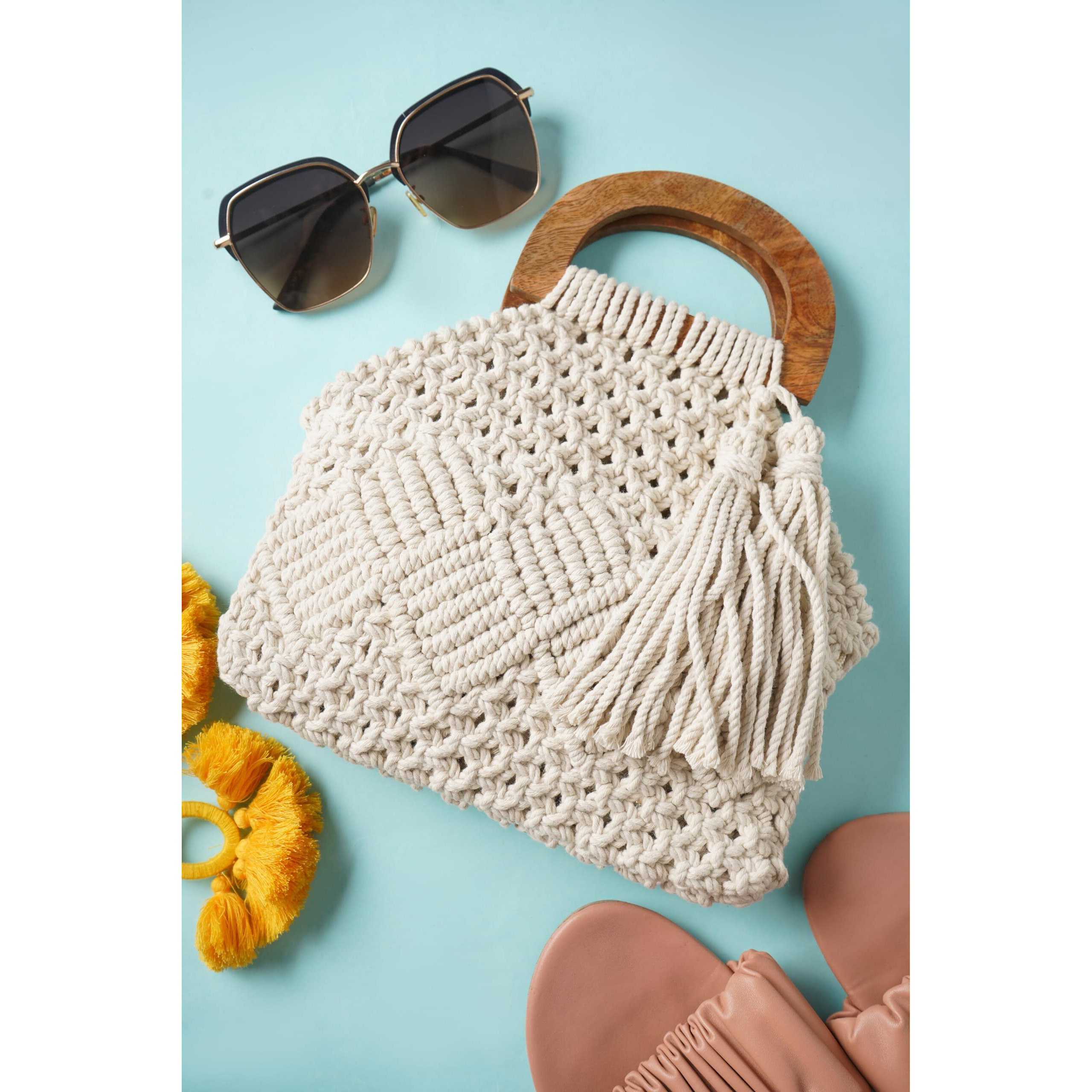 Love N Beyond Handmade Macrame Women Fashion Bag Boho Cotton Handbag With Wooden Handle