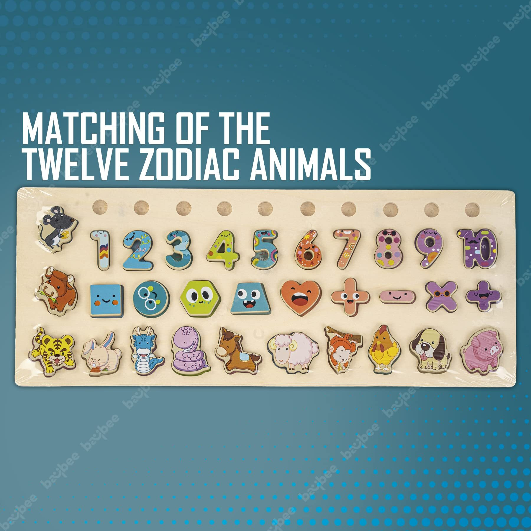 Baybee Wooden Zodiac Animals Matching Board Puzzle Games, Shape Numbers Blocks Puzzle For Kids |Montessori Baby Kids Toys | Learning-Educational Animals Number Puzzle Toys For Kids 3+Years Boys Girls