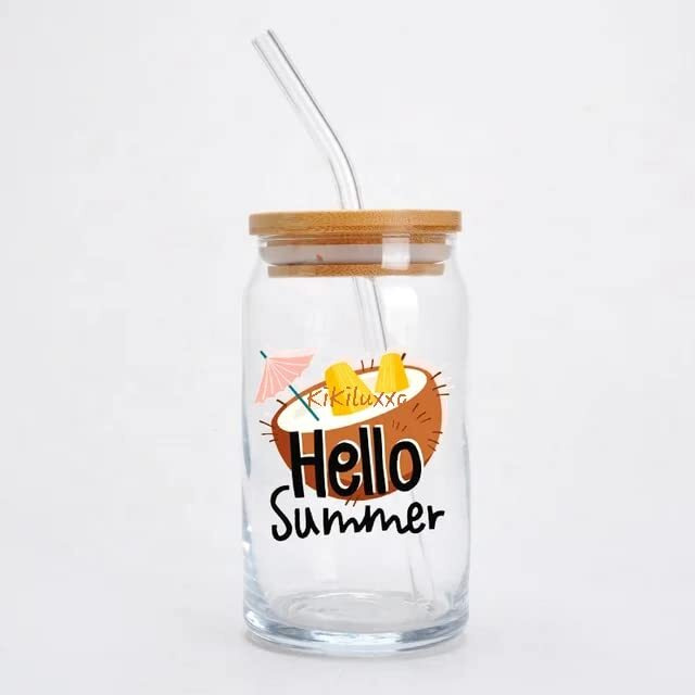 Kikiluxxa Random Printed Green Tea Coffee Bear Drinking Glass Mug Set Of 2 - Can Shaped Milk Juice Wine Water Glass Cups With Clear Straw - 540Ml Beer Water Glass (Swiden Tumbler 2)