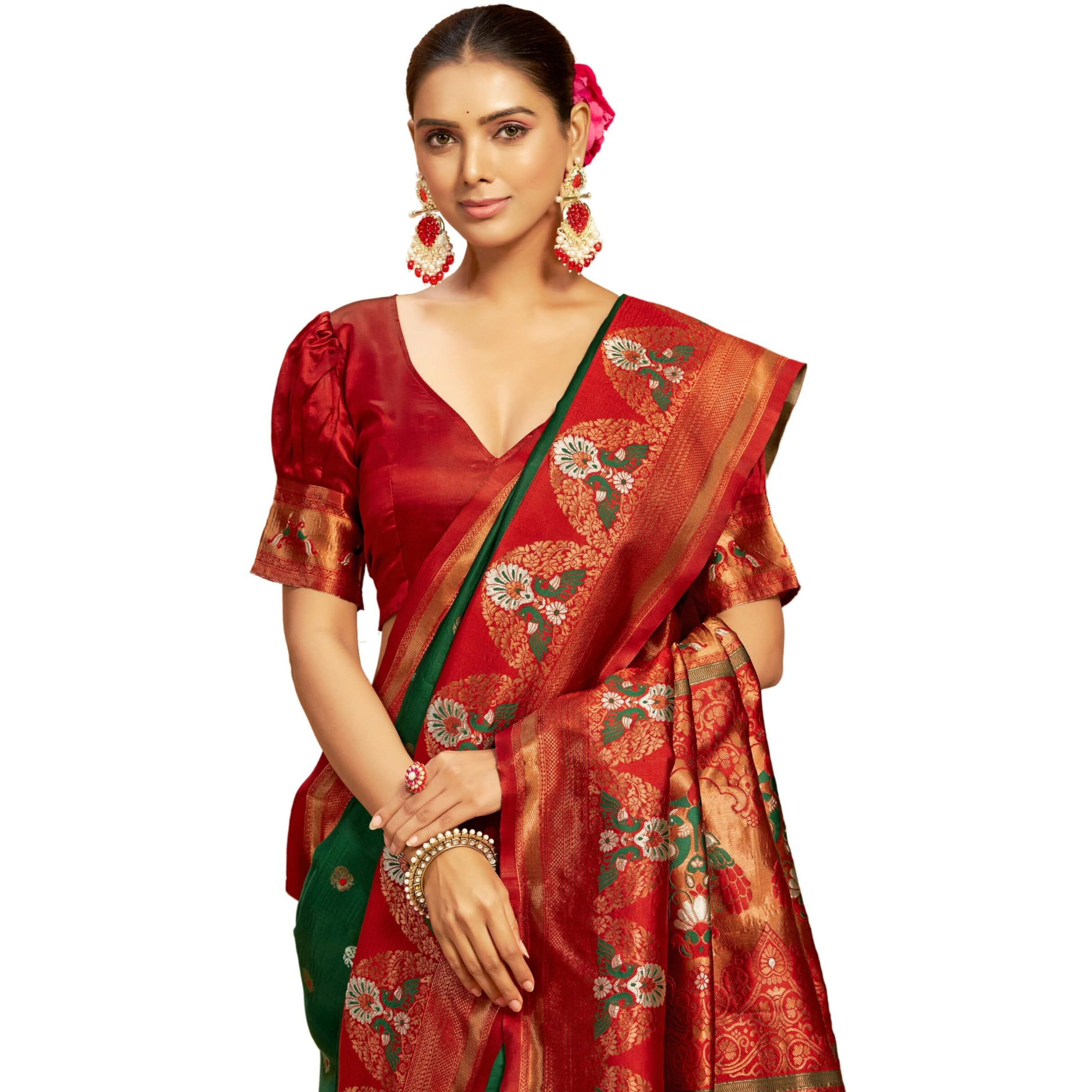 Ethnicjunction Women's Silk Blend Woven Paithani Saree With Blouse Piece (Green & Red)