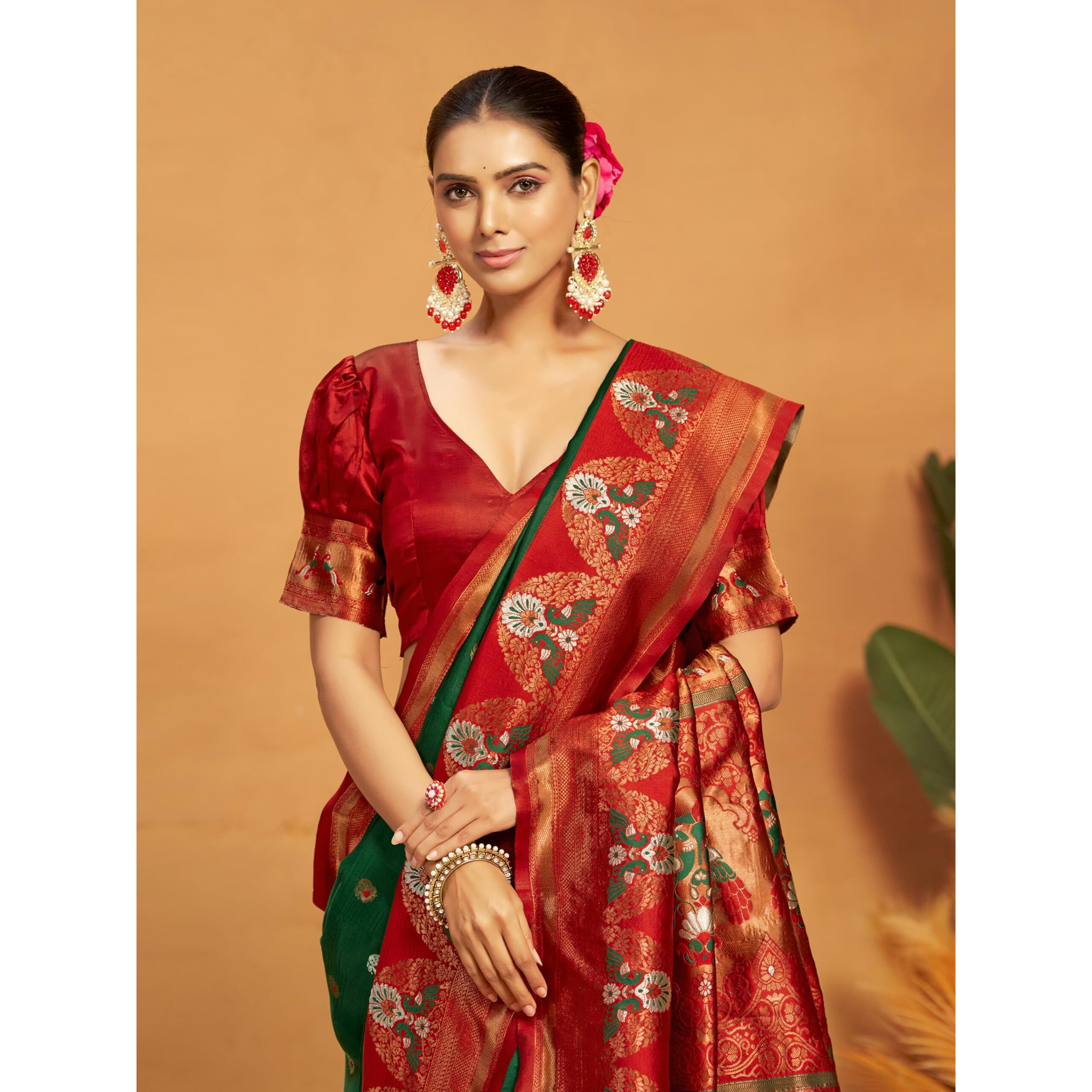 Ethnicjunction Women's Silk Blend Woven Paithani Saree With Blouse Piece (Green & Red)