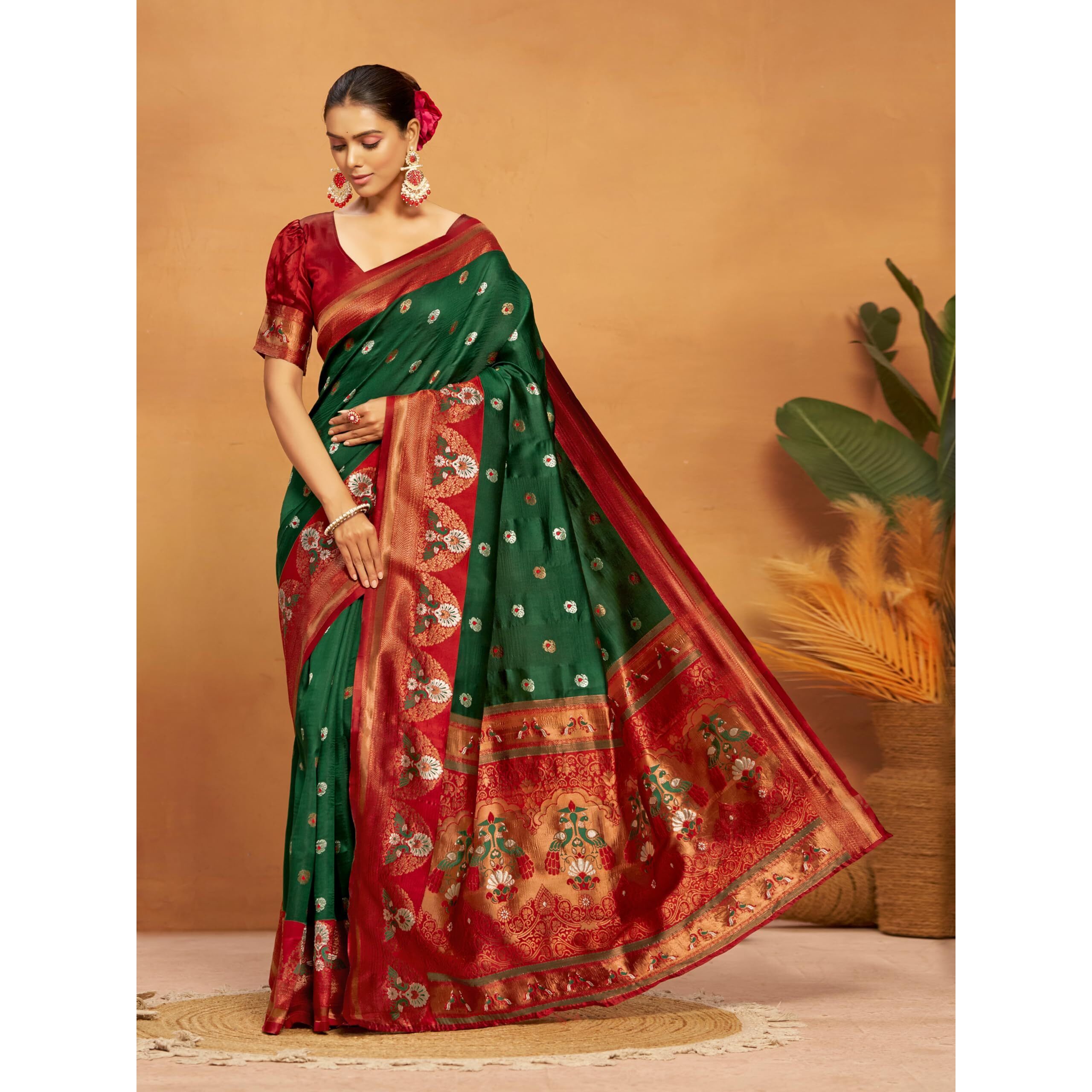 Ethnicjunction Women's Silk Blend Woven Paithani Saree With Blouse Piece (Green & Red)