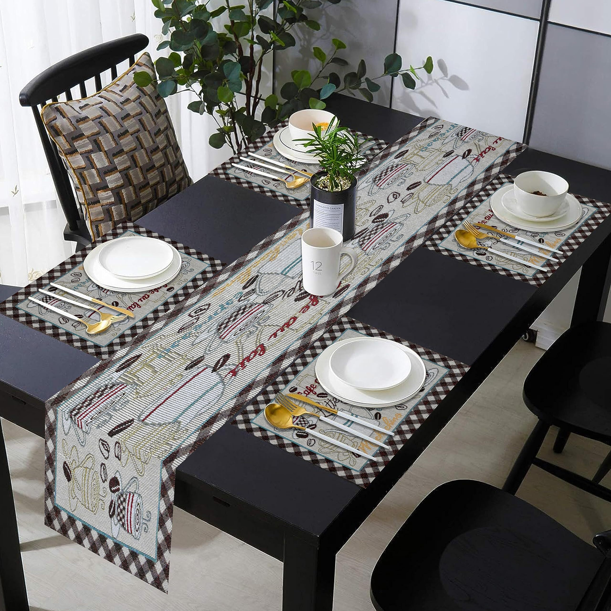 Prakartik By Induarts Latte Coffee Love Eco-Friendly Cotton Dining Table Mats With Runner  Reusable, Machine Washable, Everyday Use Multi Rectangular Placemats, Set Of 4+180 Cm Runner