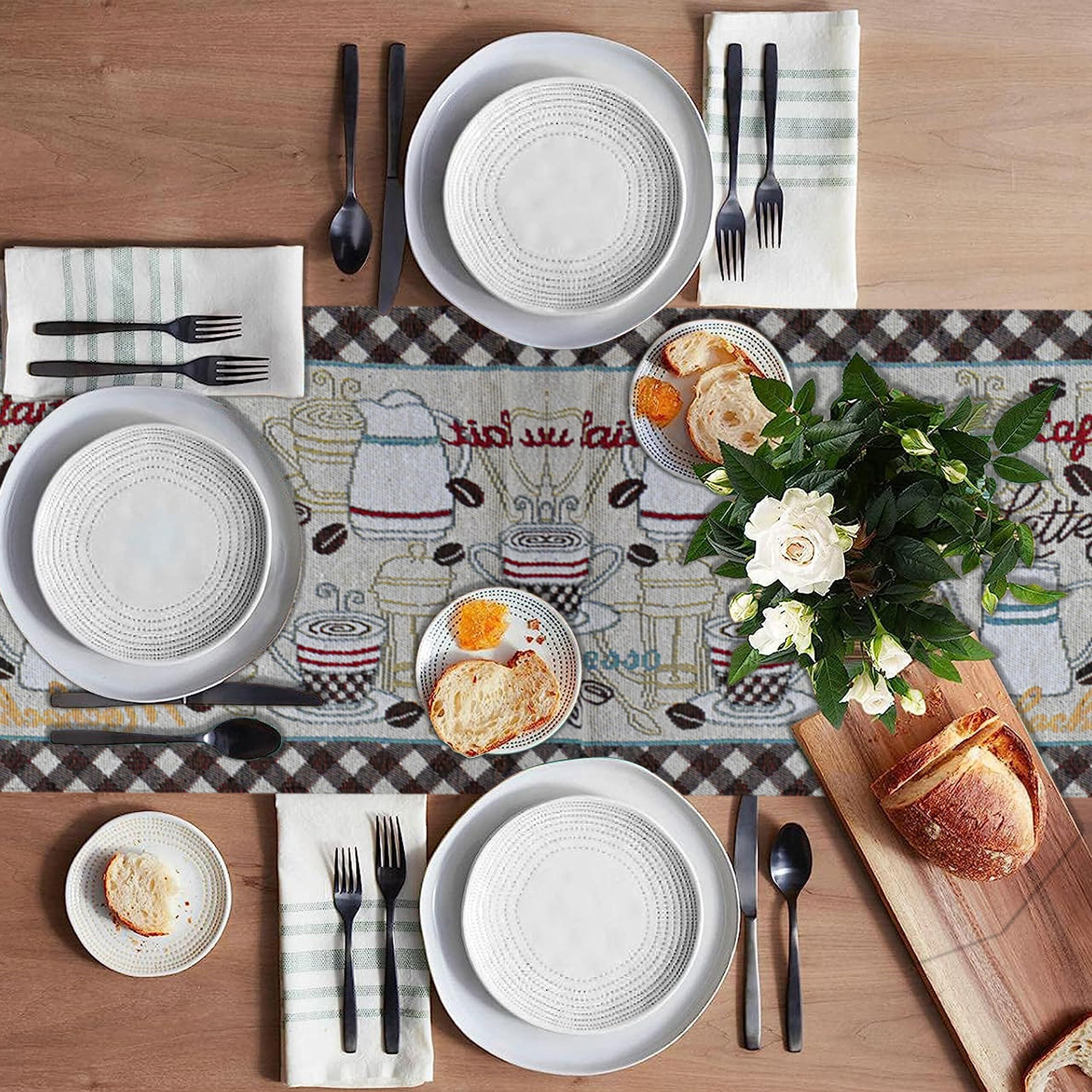 Prakartik By Induarts Latte Coffee Love Eco-Friendly Cotton Dining Table Mats With Runner  Reusable, Machine Washable, Everyday Use Multi Rectangular Placemats, Set Of 4+180 Cm Runner