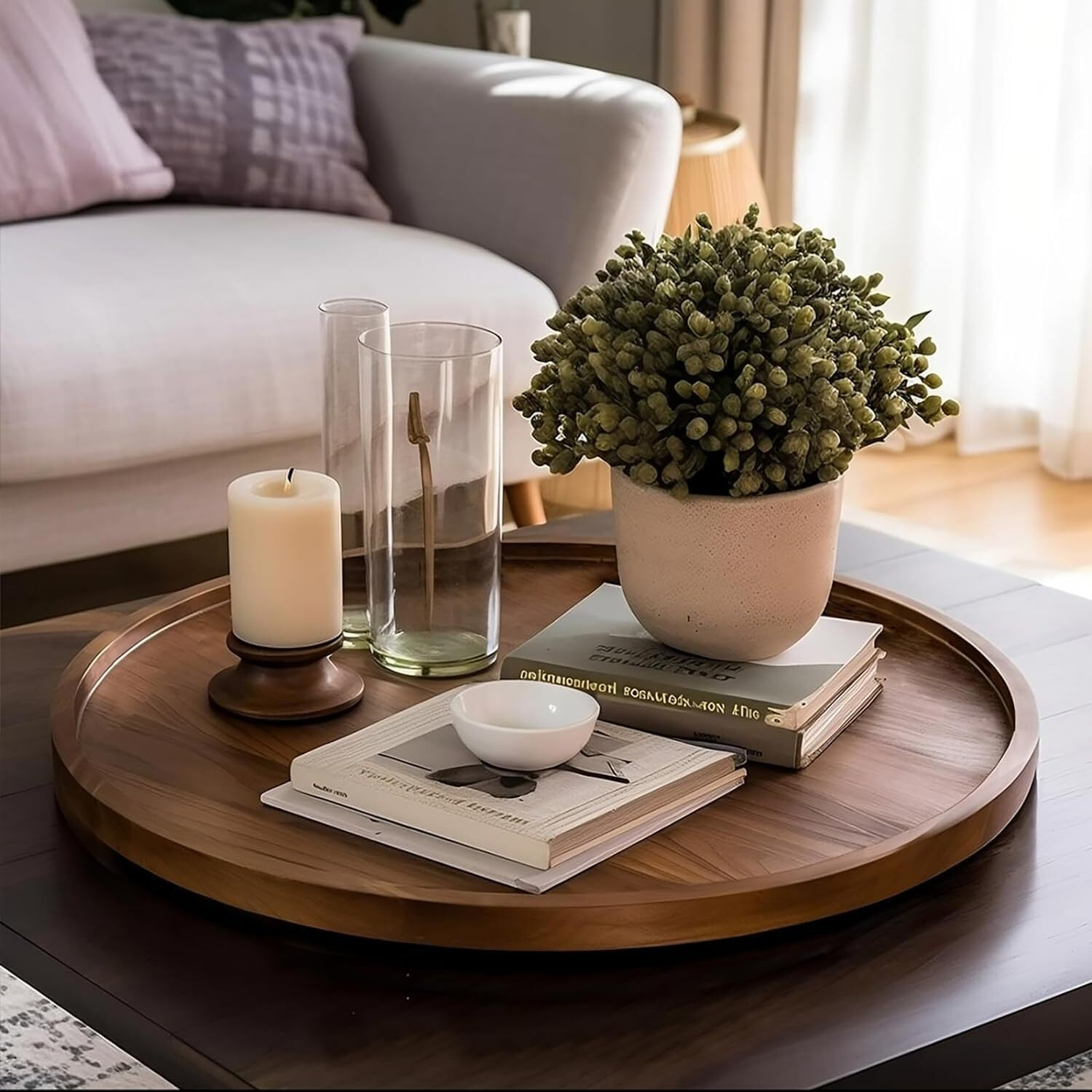 Flipsshoppee Round Decorative Tray Rustic Wooden Coffee Table Trays Home Decor Farmhouse Centerpiece Serving Trays For Food Drinks Ottoman Kitchen Countertop Set Of 2