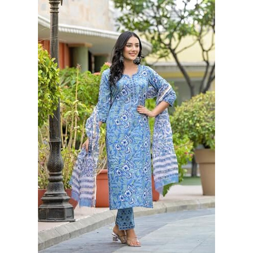 Fabnex Kurta Set For Women | Women Embroidered Kurta Set | Women Kurta Sets Kurtis | Women Kurta Pant Set (K-101-Blue-Xl)