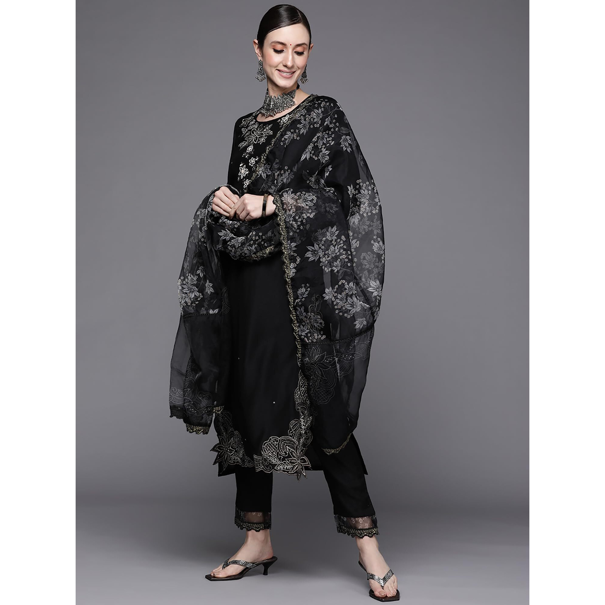 Indo Era Women's Black Embroidered Viscose Straight Kurta & Pant With Dupatta Set (Black_Kh9Bk8717_Medium)