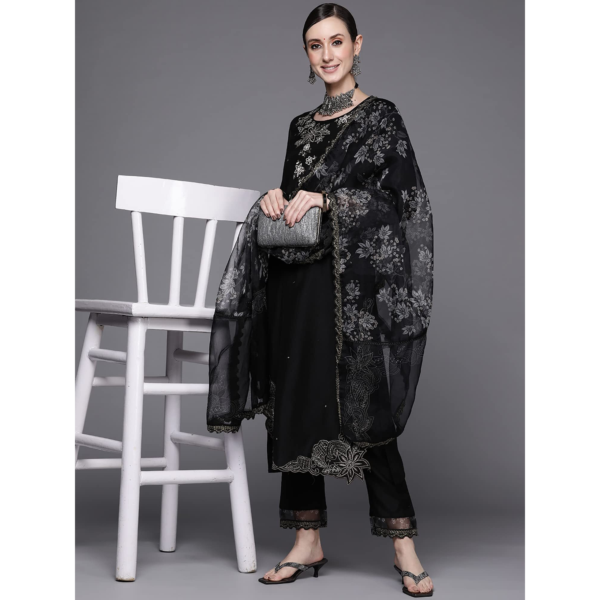 Indo Era Women's Black Embroidered Viscose Straight Kurta & Pant With Dupatta Set (Black_Kh9Bk8717_Medium)