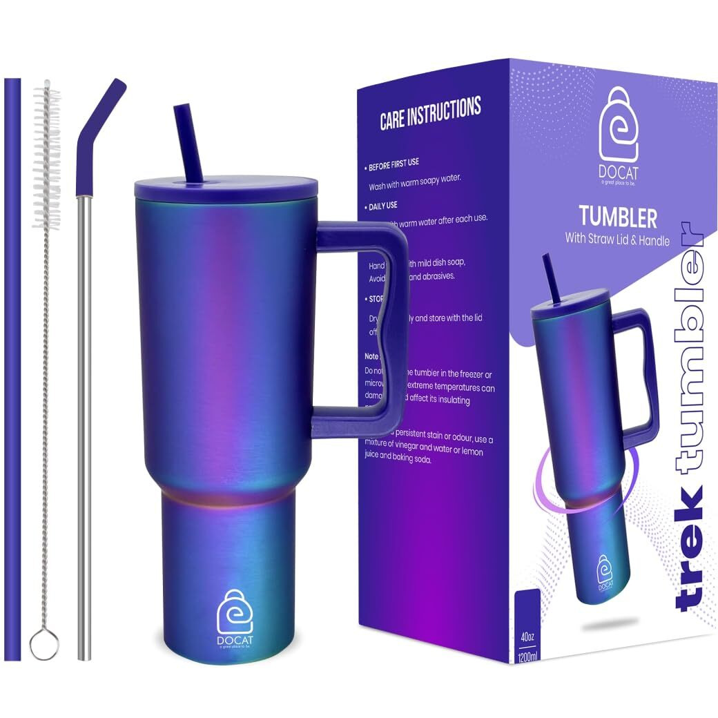 Docat 1200Ml Stainless Steel Tumbler With Lid And Straw, Hot And Cold Double Insulated Sipper Mug, 100% Leak Proof Coffee Tumbler Cupholder For Office, Gym, Travelling (Aurora Prism)