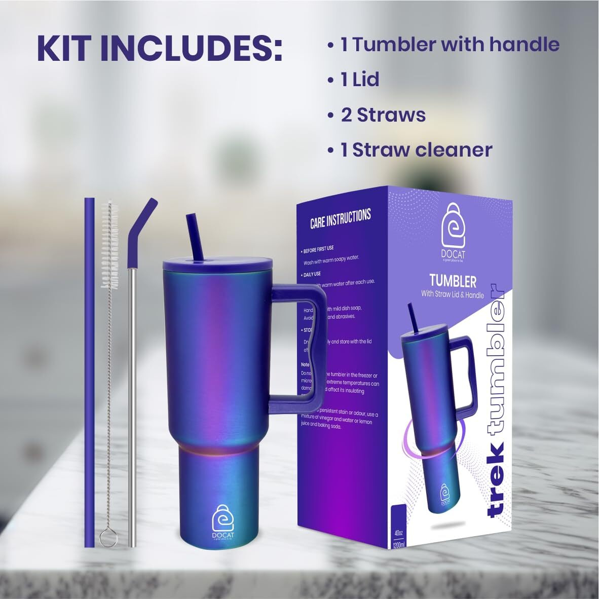 Docat 1200Ml Stainless Steel Tumbler With Lid And Straw, Hot And Cold Double Insulated Sipper Mug, 100% Leak Proof Coffee Tumbler Cupholder For Office, Gym, Travelling (Aurora Prism)