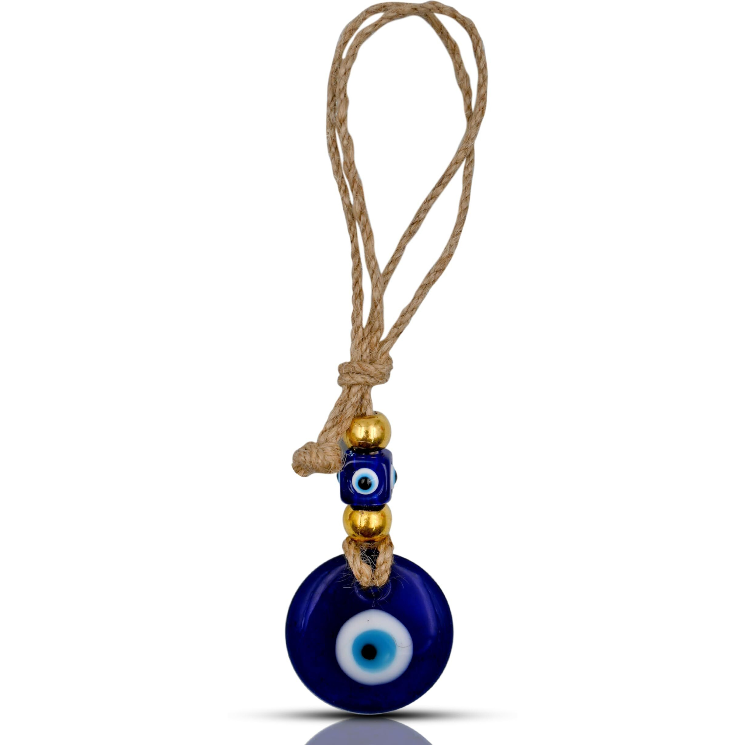 Linensutra Handmade Turkish Evil Eye Blue Glass Hanging For Good Luck Prosperity Zodiac Success Health Wealth Office Home Decor & Car (Jute String With Multi Color Beads) (2Gb4-2313)
