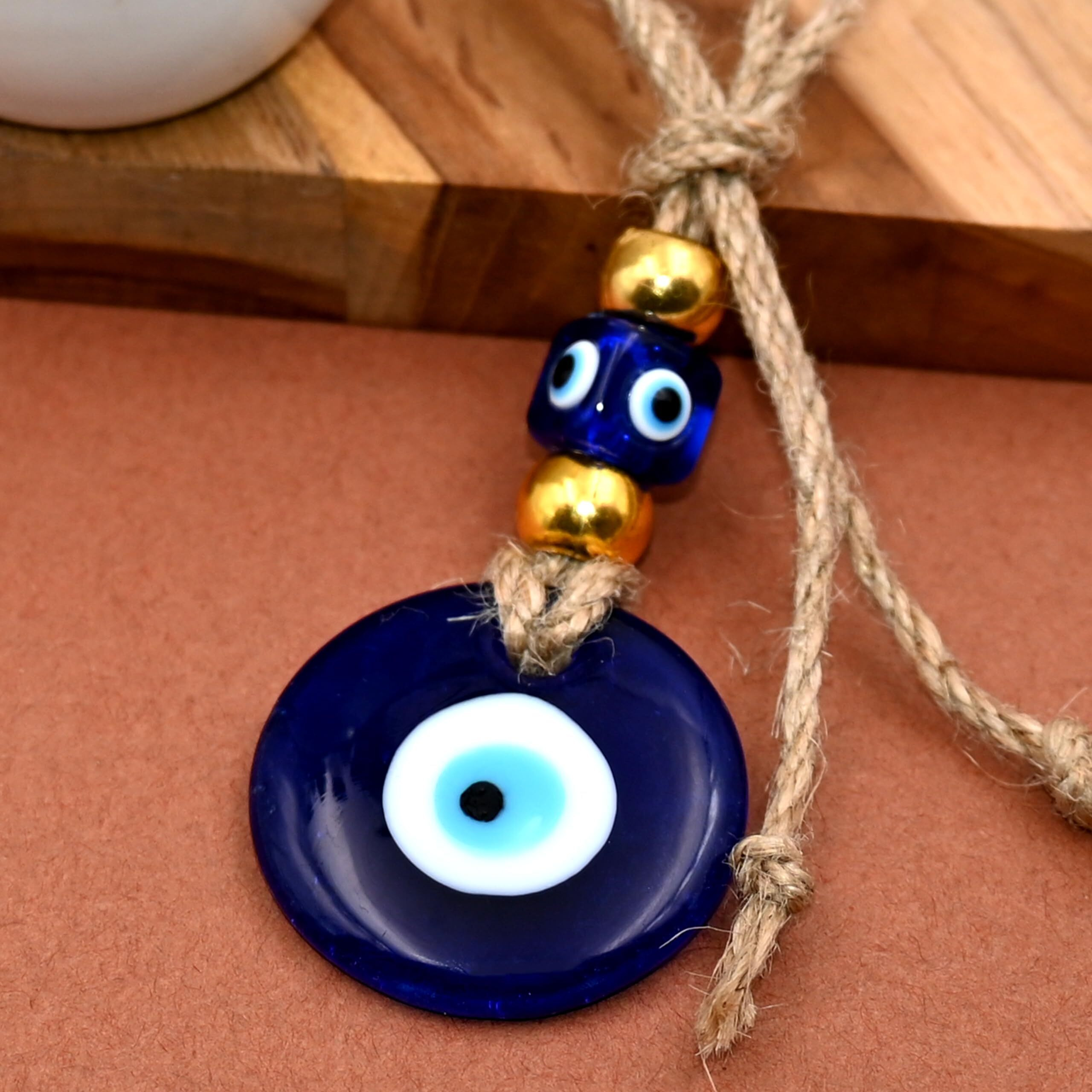 Linensutra Handmade Turkish Evil Eye Blue Glass Hanging For Good Luck Prosperity Zodiac Success Health Wealth Office Home Decor & Car (Jute String With Multi Color Beads) (2Gb4-2313)