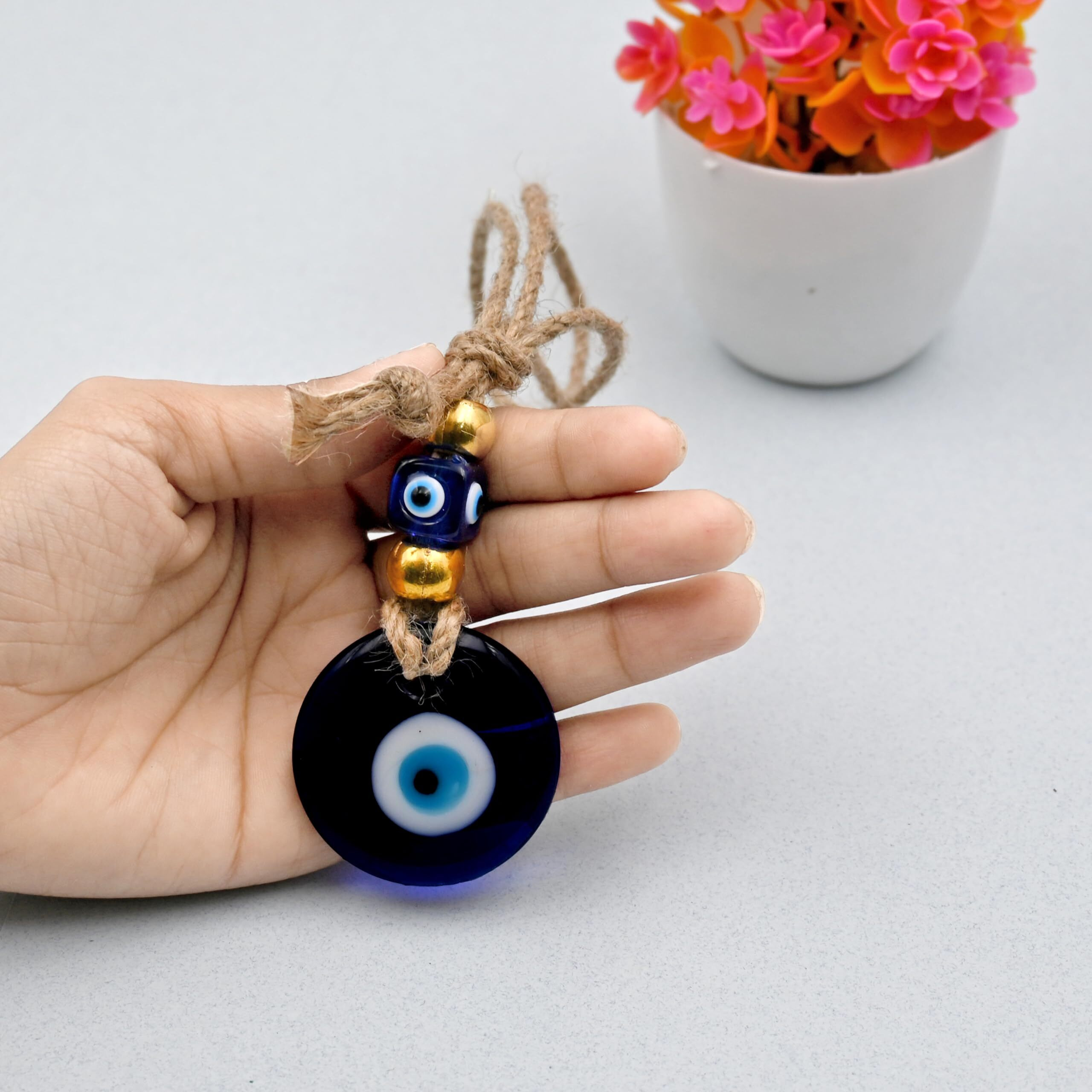 Linensutra Handmade Turkish Evil Eye Blue Glass Hanging For Good Luck Prosperity Zodiac Success Health Wealth Office Home Decor & Car (Jute String With Multi Color Beads) (2Gb4-2313)