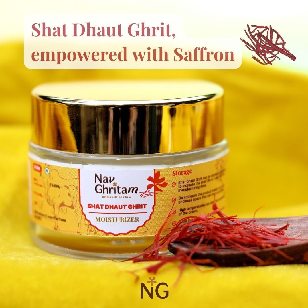 Nav Ghritam Saffron-Infused Shata Dhauta Ghrita Cream | 100 Times Washed A2 Desi Ghee Moisturizer | Ayurvedic Skincare | Nourishing & Anti-Aging | 50G