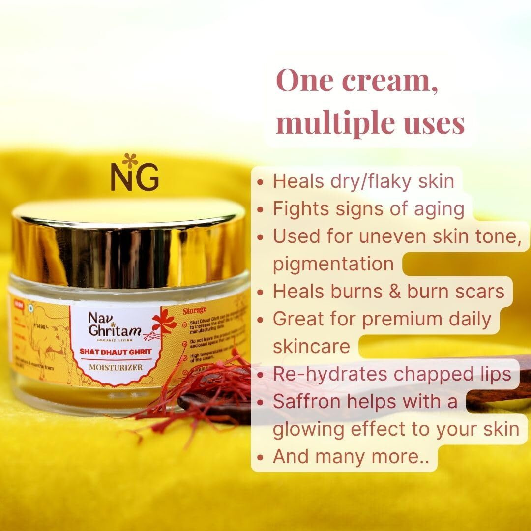 Nav Ghritam Saffron-Infused Shata Dhauta Ghrita Cream | 100 Times Washed A2 Desi Ghee Moisturizer | Ayurvedic Skincare | Nourishing & Anti-Aging | 50G