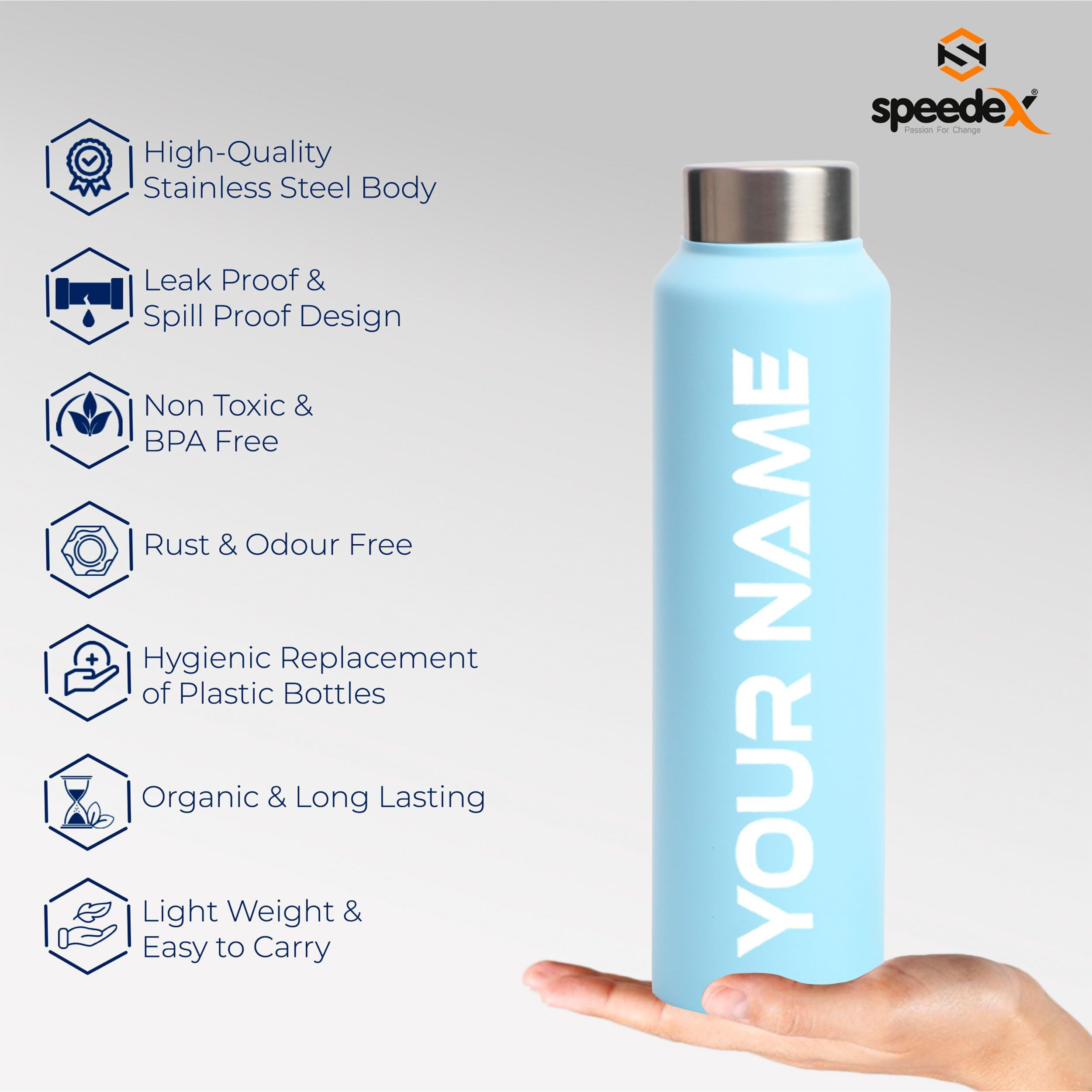 Speedex Stainless Steel Water Bottle 1 Ltr For Kids, Boys, Girls, 1 Litre Bottles For Gym, Sports, Fridge Use, School & Office - 1000Ml, Pastel Blue Colour, Steel Cap