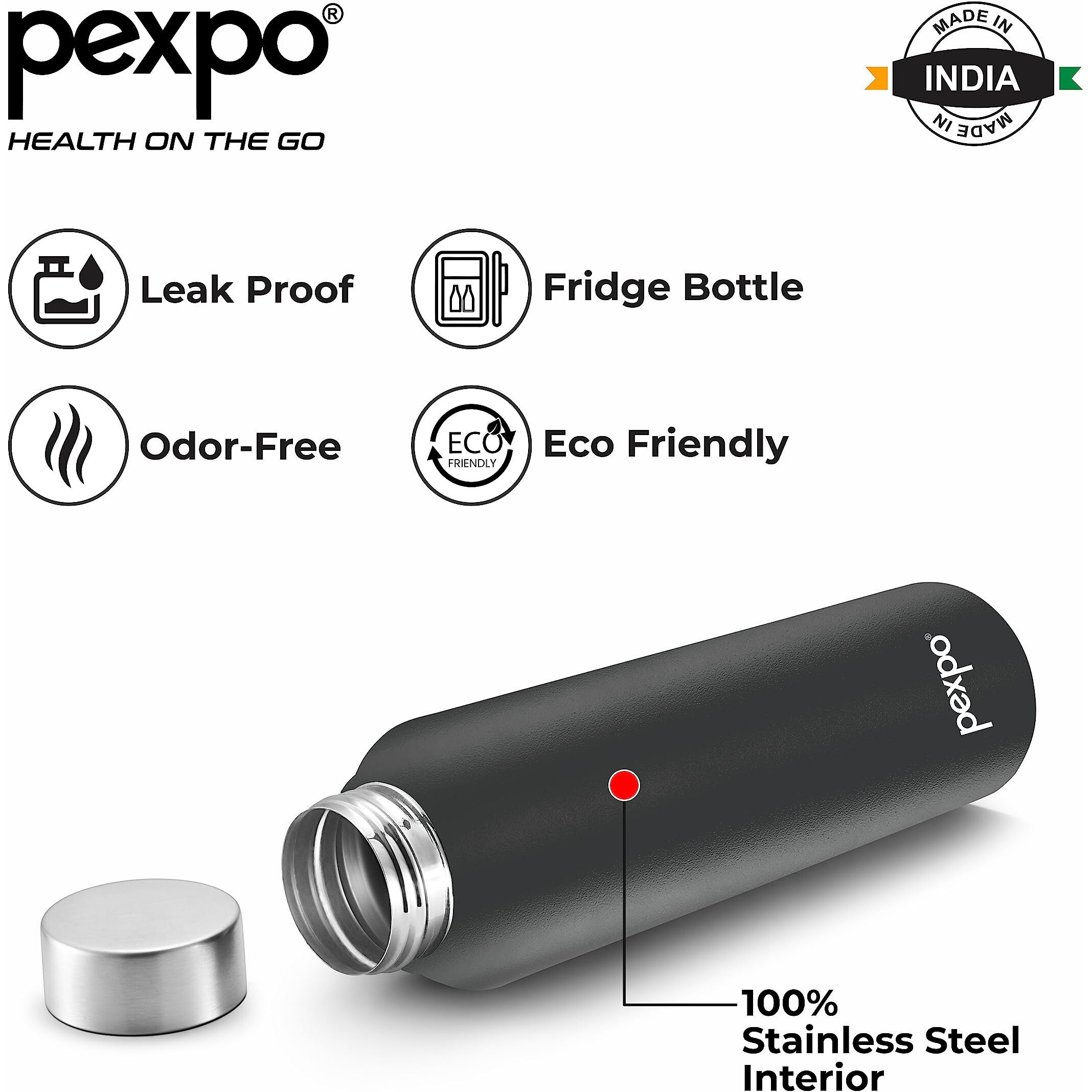 Pexpo Chromo Stainless Steel Sports/Fridge Water Bottle 1 Litre, Knight Black Pack Of 3 | Eco Friendly | Bpa Free | Water Bottle For Office, Gym, School, Yoga, Trekking, Men, Women And Kids