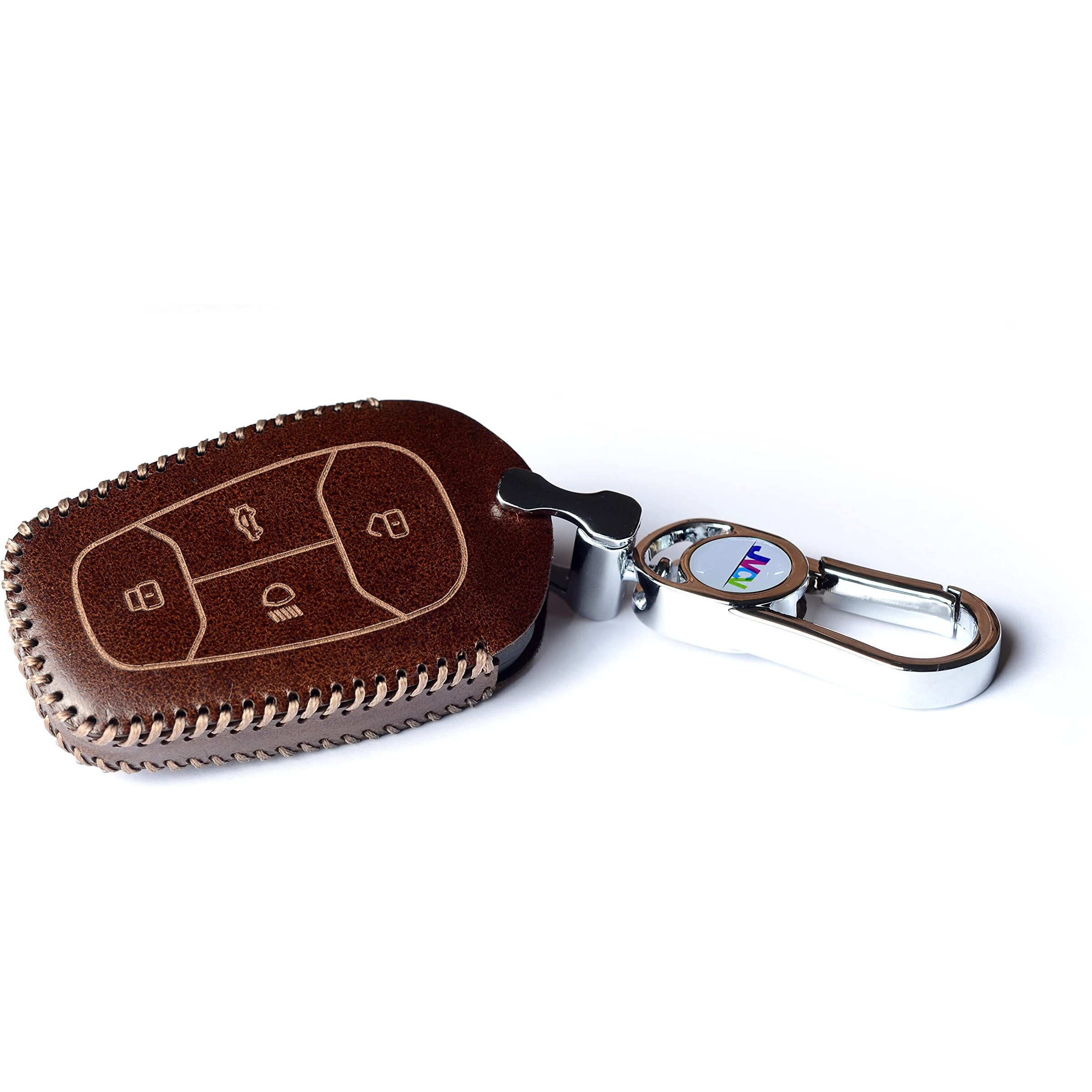 Jvcv Car Styling Soft Handmade Leather Key Cover Compatible With Tata Nexon, Harrier, Tiago Ev, Altroz, Tigor, Safari, Nexon Ev, Punch, Punch Ev 4 Button Smart Key (Brown)