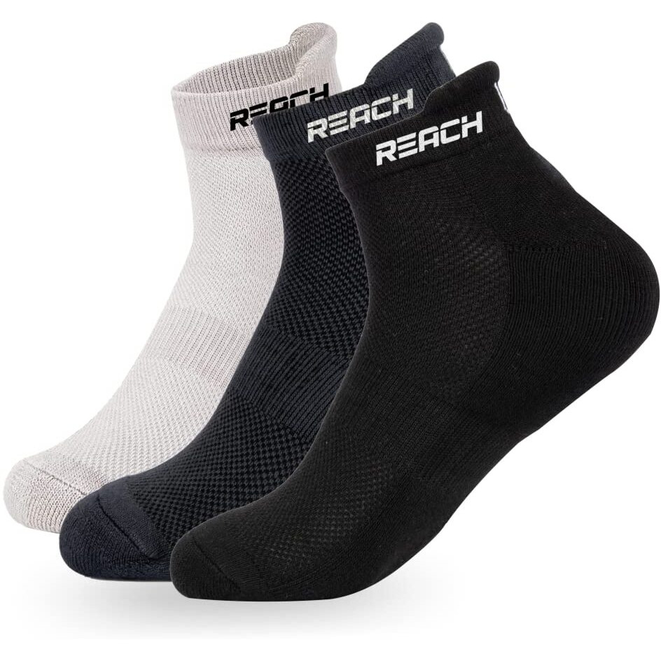 Reach Bamboo Fibre Ankle Length Socks For Mens & Womens | Breathable Mesh & Odour Free Socks | Sports & Gym Socks | Soft & Comfortable | Pack Of 3 - Light Grey, Dark Grey & Black