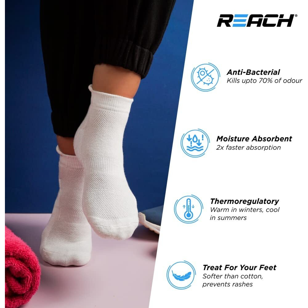 Reach Bamboo Fibre Ankle Length Socks For Mens & Womens | Breathable Mesh & Odour Free Socks | Sports & Gym Socks | Soft & Comfortable | Pack Of 3 - Light Grey, Dark Grey & Black