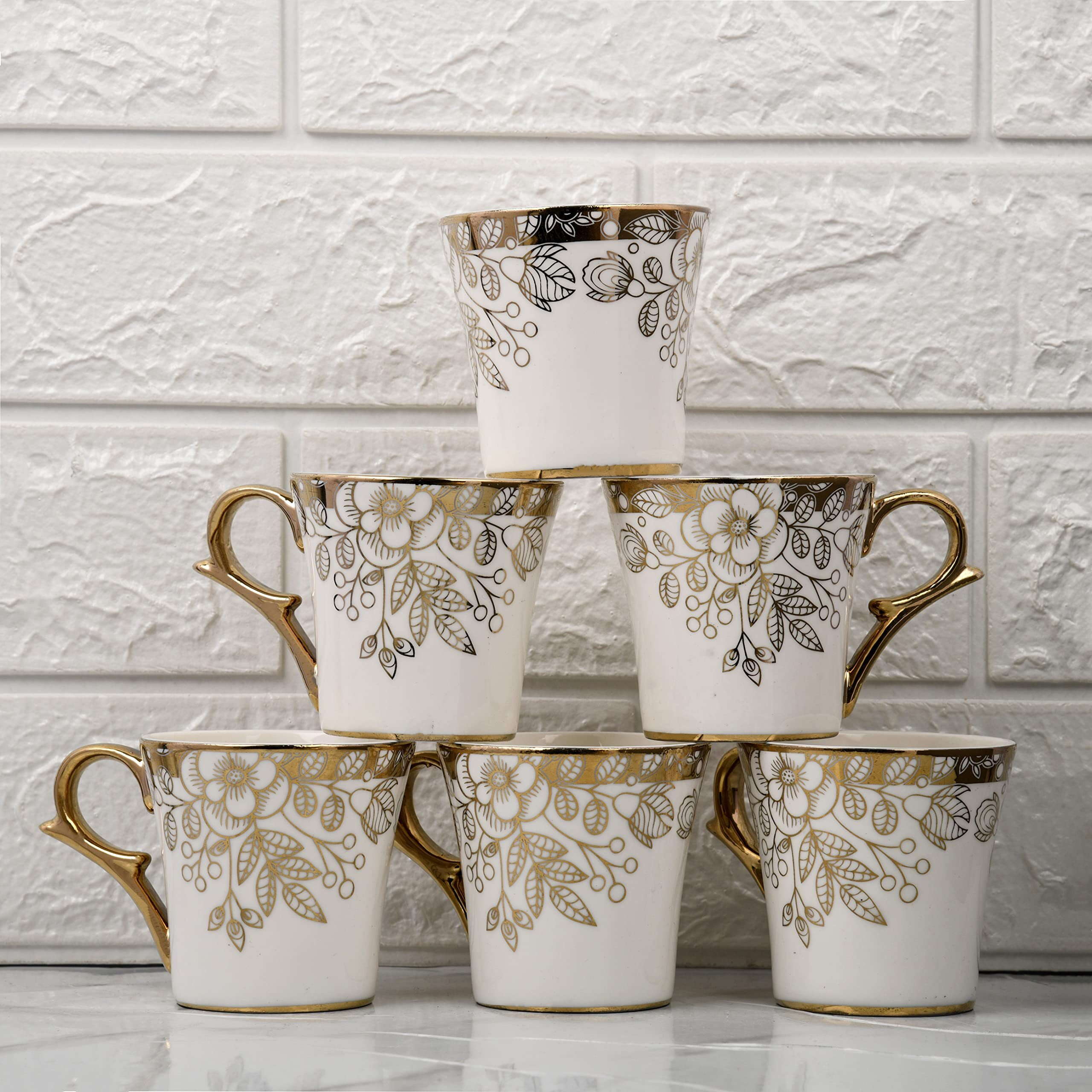 Femora Premium Gold Floral Buds Leaves Ceramic Coffee & Tea Cup Set Of 6, 160 Ml