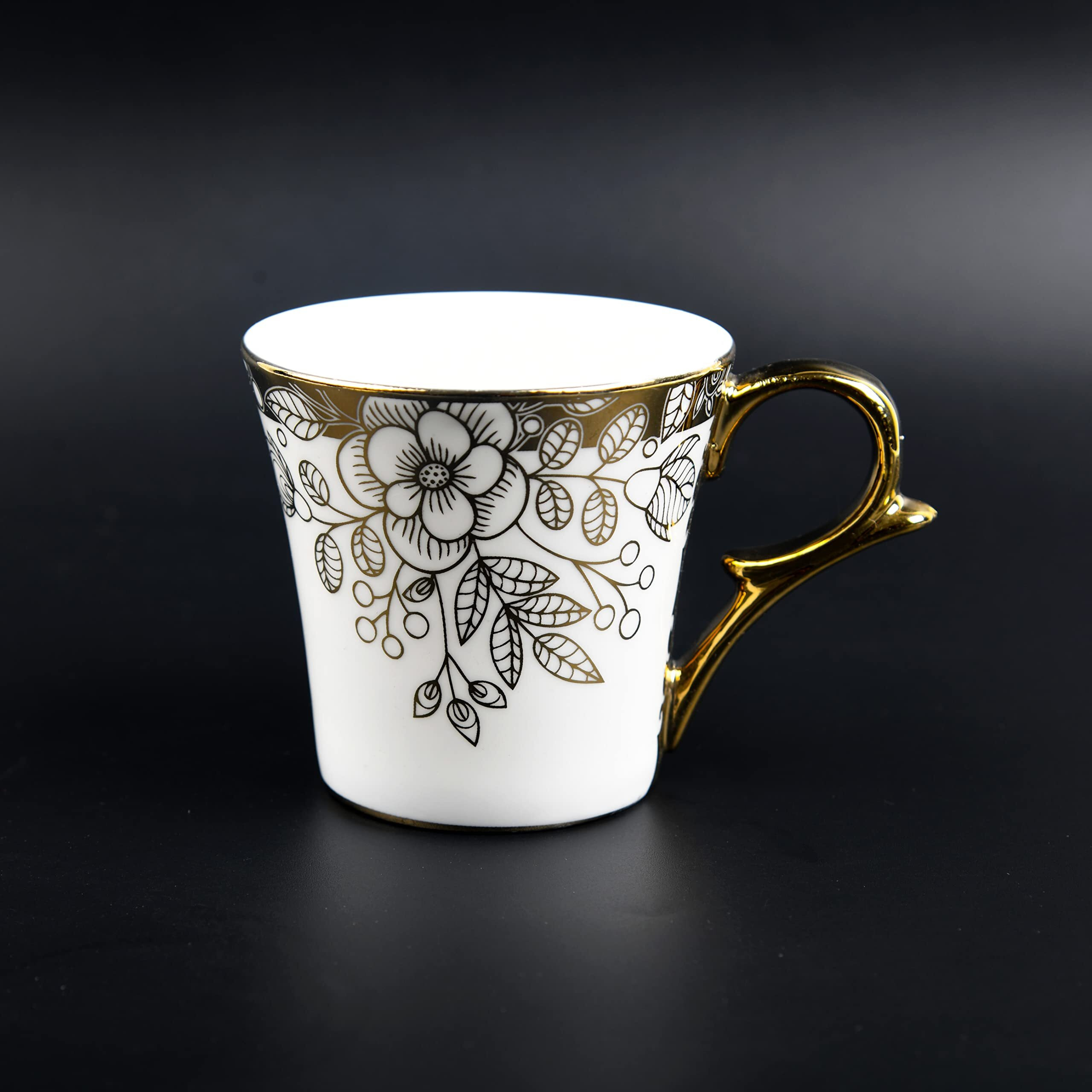 Femora Premium Gold Floral Buds Leaves Ceramic Coffee & Tea Cup Set Of 6, 160 Ml