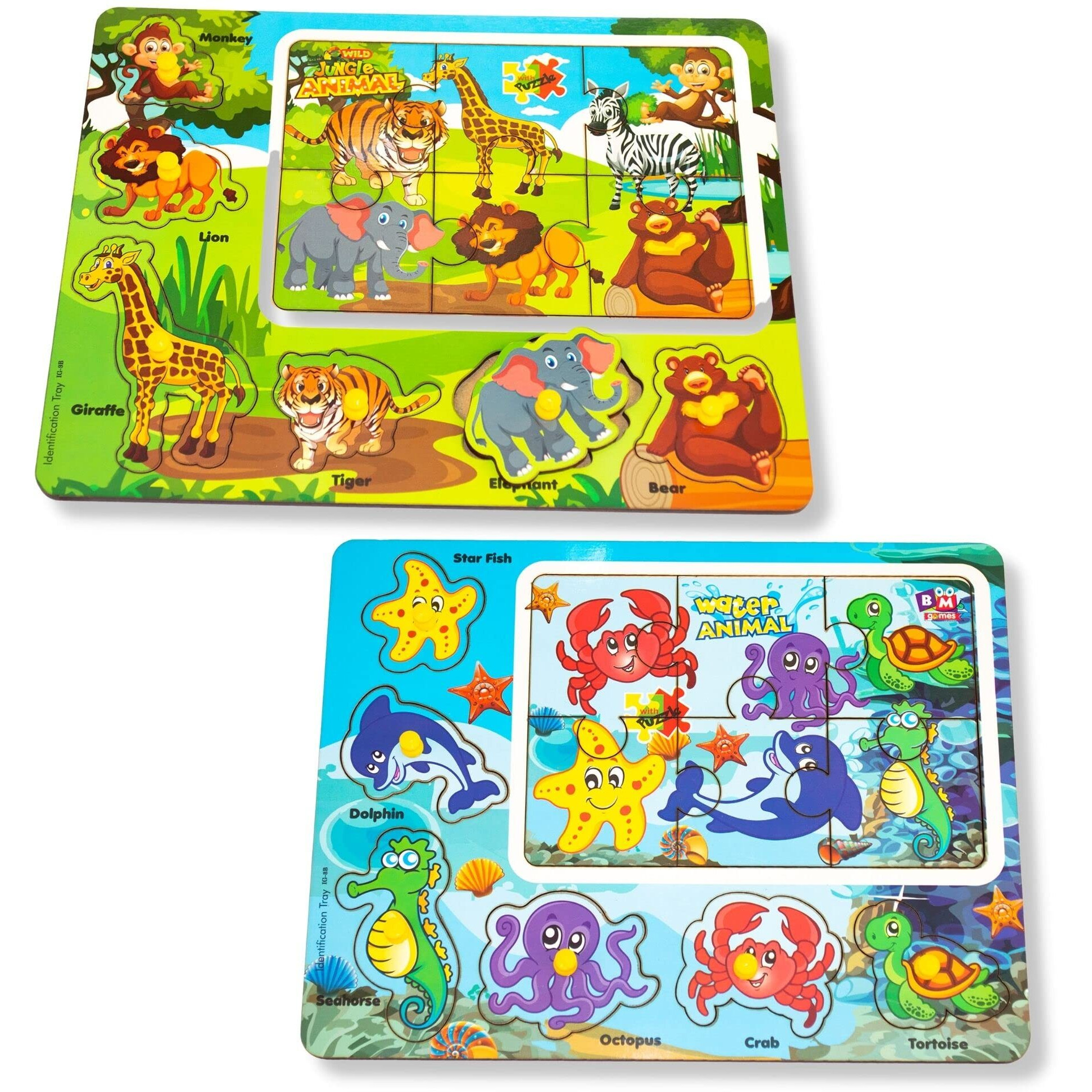 Bugbee Wooden Puzzle Games For Kids Jungle Animals & Ocean Puzzle Toys For 2 To 6 Years Boys & Girls Preschool Educational And Montessori Learning Animal Jigsaw Puzzle Toy Gift Set For Toddlers