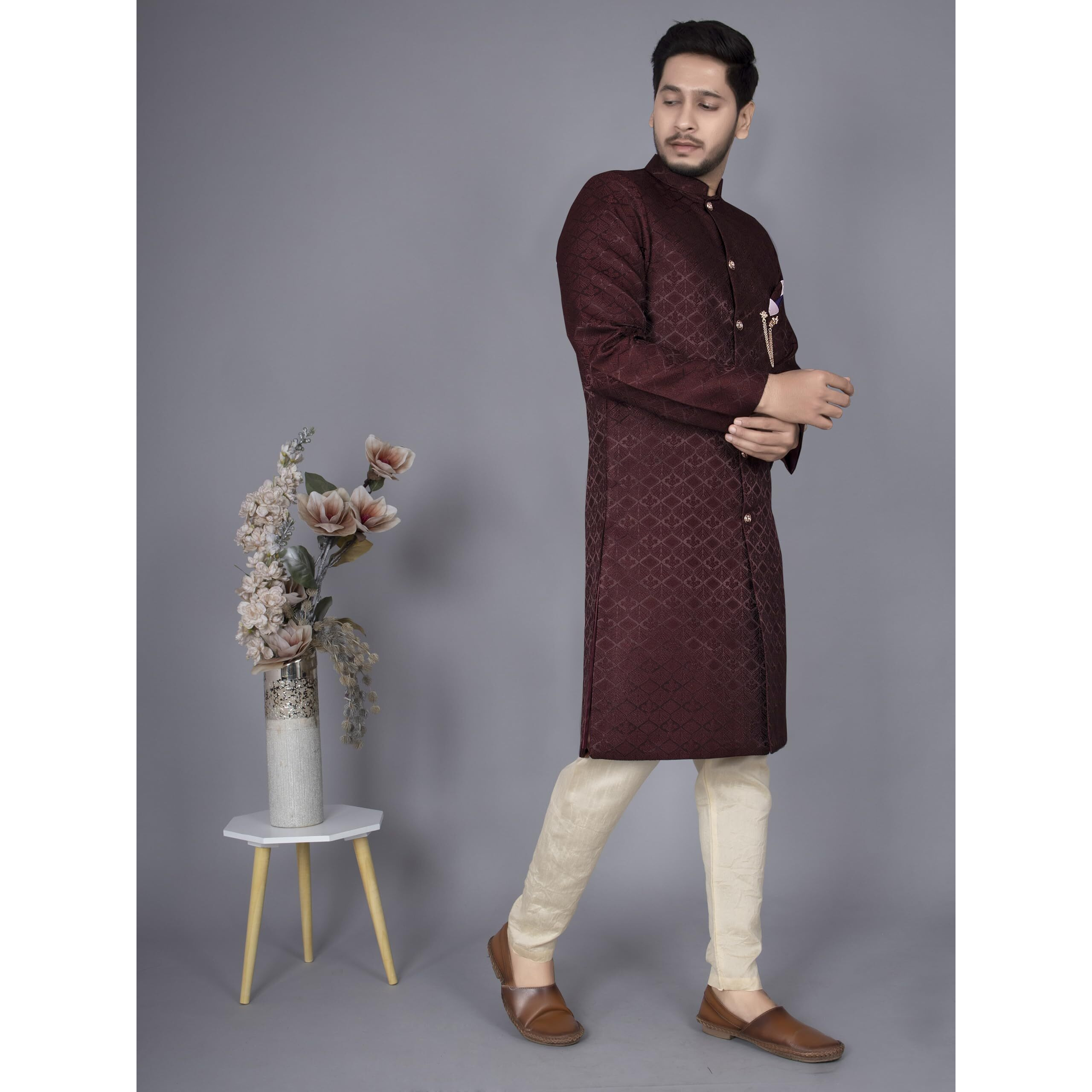Amzira Mens Ethnic Wear Coffee Traditional Indo Western Set(Coffee, S Size)