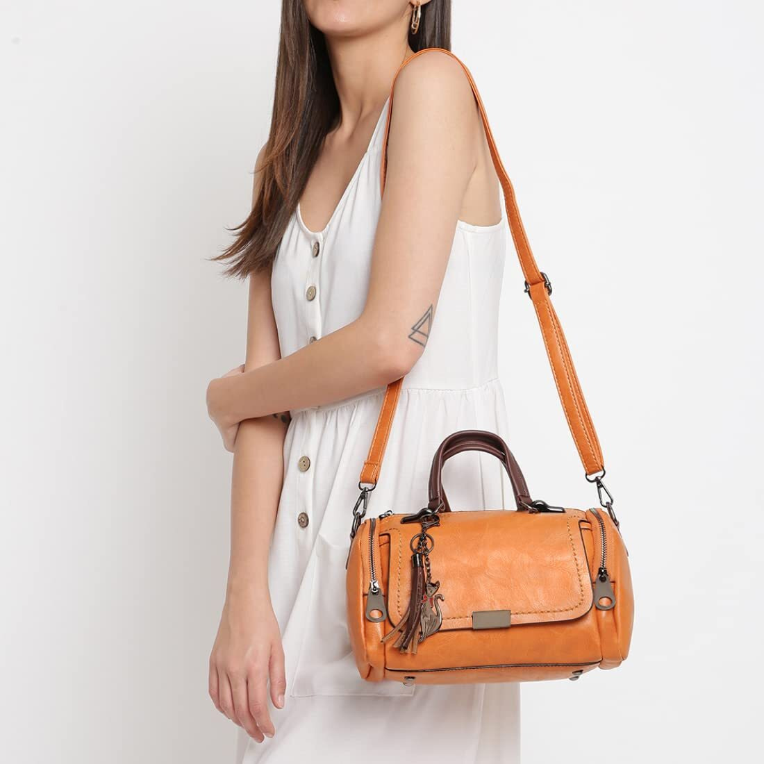 Vismiintrend Stylish Vegan Leather Boston Sling Hand Bag For Women, Shoulder Purse, Satchel, Top Handle Bag, Side, Ladies Bags For Office, Travel, Birthday Gift For Wife, Womens Day Gifts (Tan)