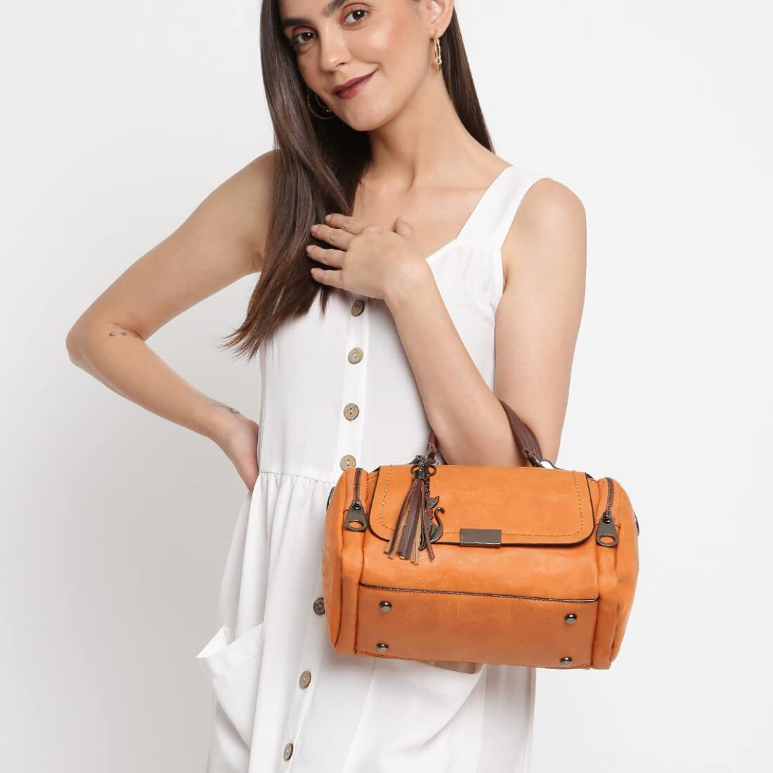 Vismiintrend Stylish Vegan Leather Boston Sling Hand Bag For Women, Shoulder Purse, Satchel, Top Handle Bag, Side, Ladies Bags For Office, Travel, Birthday Gift For Wife, Womens Day Gifts (Tan)