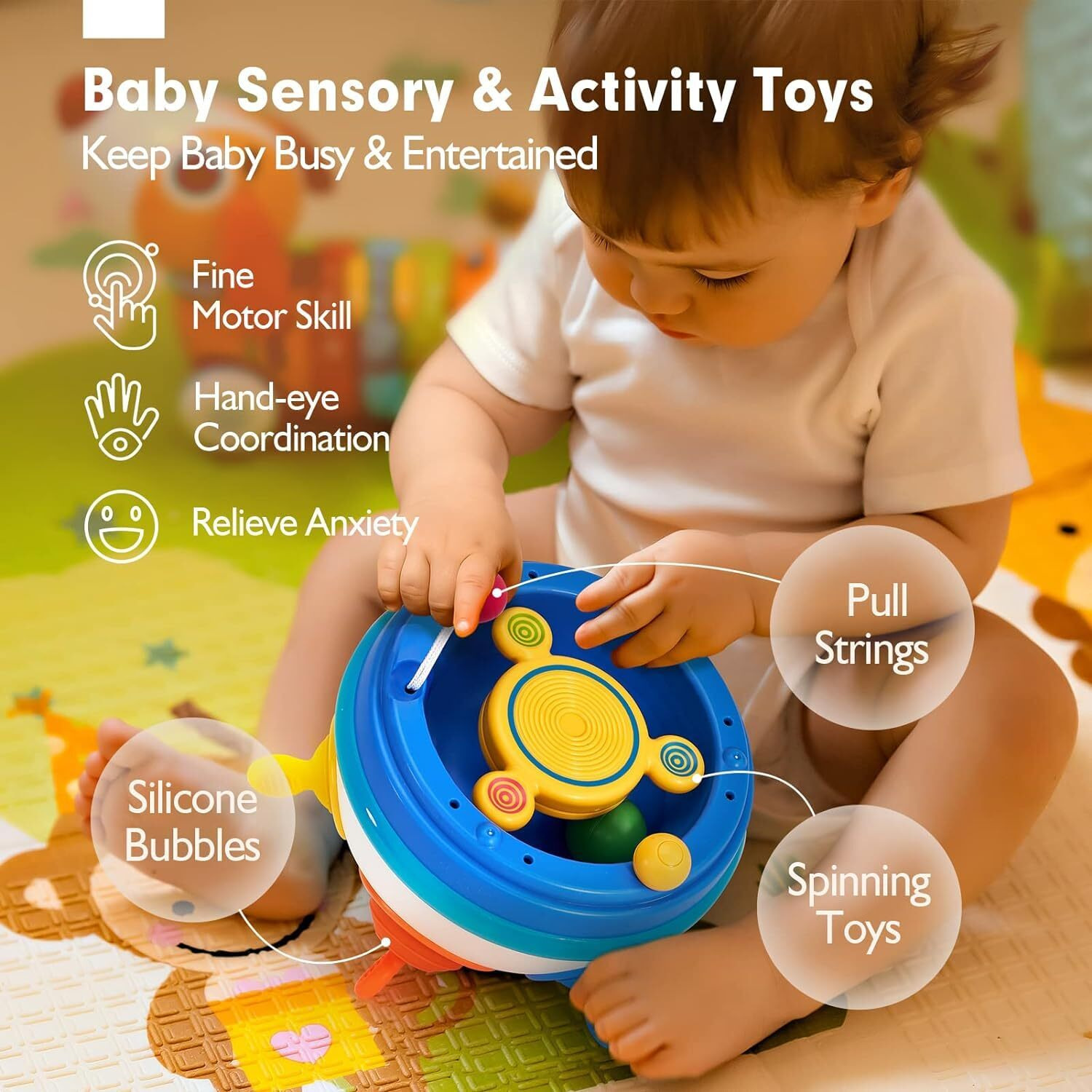Thrive Toys Sensory Pop Pull String Montessori Toy For Baby | Food Grade Silicone Activity Toys With Fidget Spinners For Ages 1 To 4 Years | Educational Developmental Toys For Toddlers And Kids
