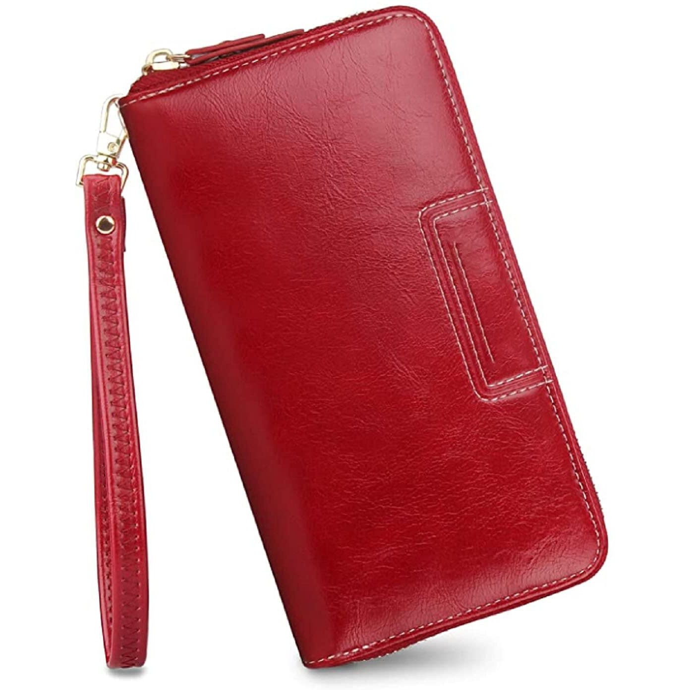 Contacts Wristlet Wallets For Women With Rfid Protection | Ladies Leather Clutch/Wallet | Large Capacity Zipper Purse/Card Holder Organizer For Women (Red)
