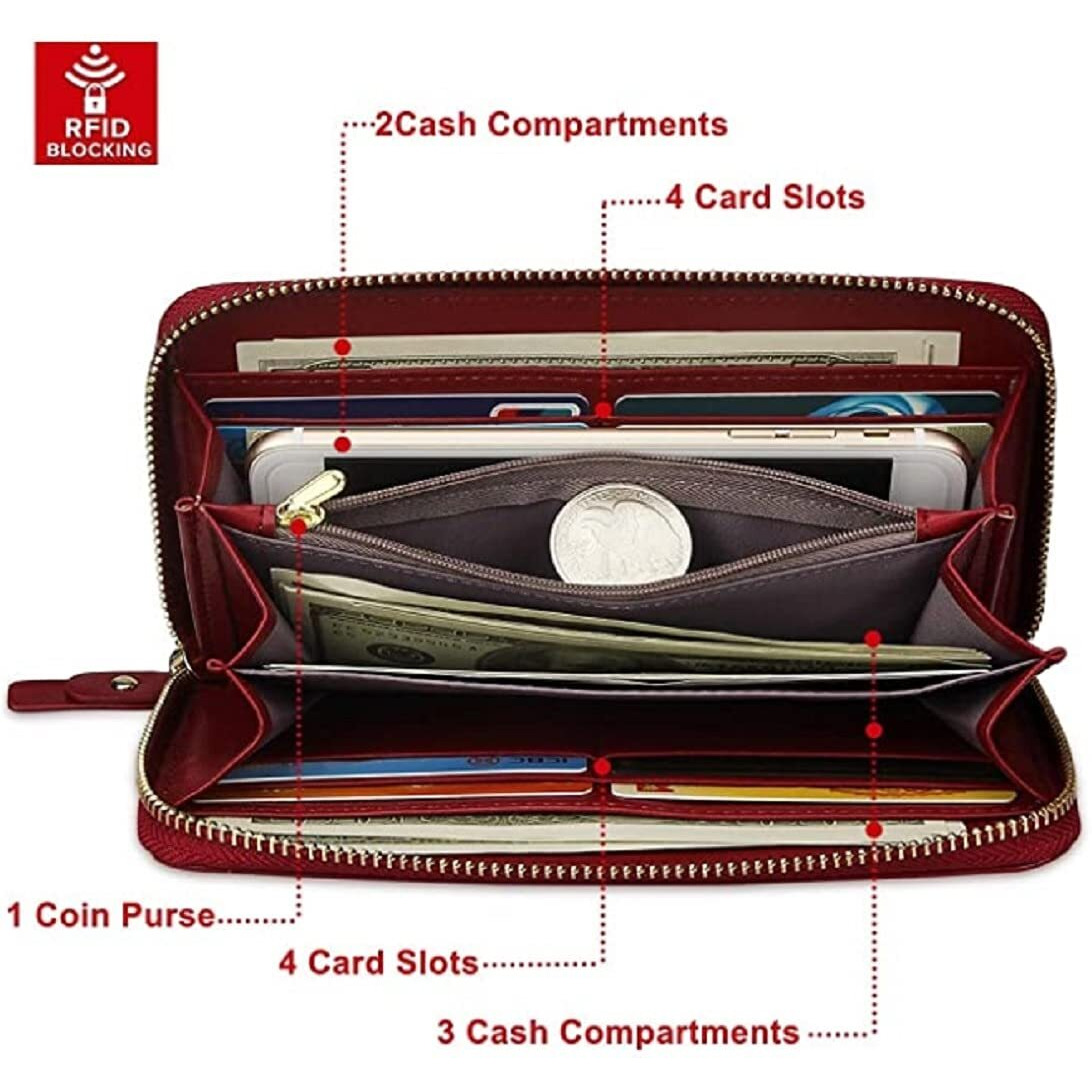 Contacts Wristlet Wallets For Women With Rfid Protection | Ladies Leather Clutch/Wallet | Large Capacity Zipper Purse/Card Holder Organizer For Women (Red)