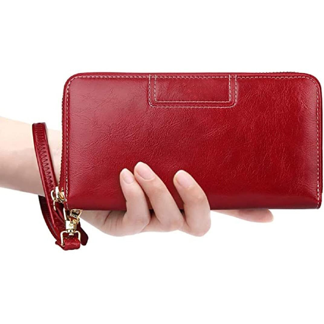 Contacts Wristlet Wallets For Women With Rfid Protection | Ladies Leather Clutch/Wallet | Large Capacity Zipper Purse/Card Holder Organizer For Women (Red)