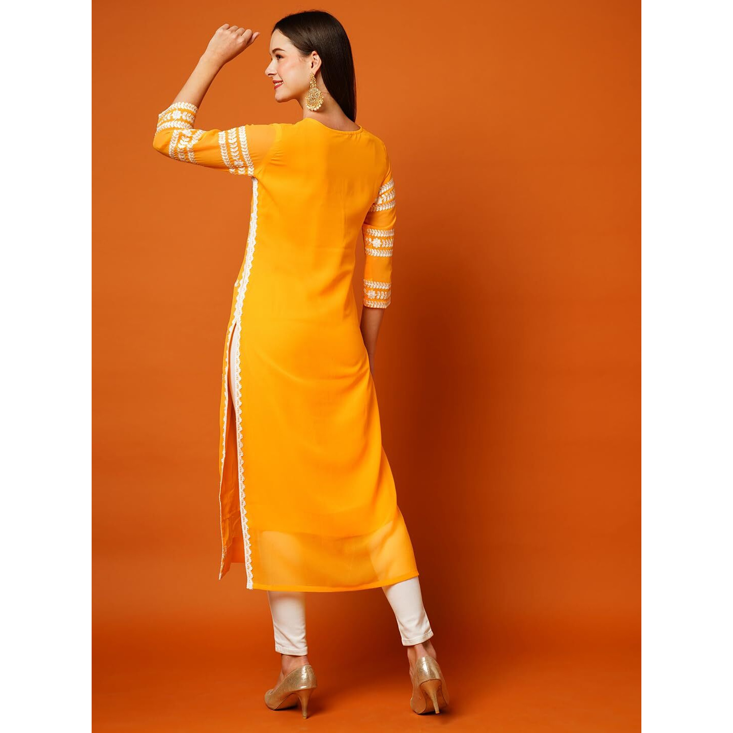 Anni Designer Women's Cotton Blend Straight Chikankari Embroidered Kurta (Stho-Mustard_S_Mustard_Small)
