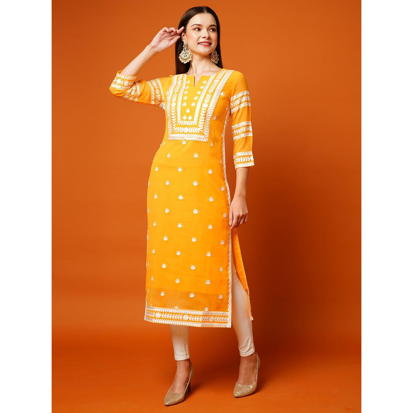 Anni Designer Women's Cotton Blend Straight Chikankari Embroidered Kurta (Stho-Mustard_S_Mustard_Small)