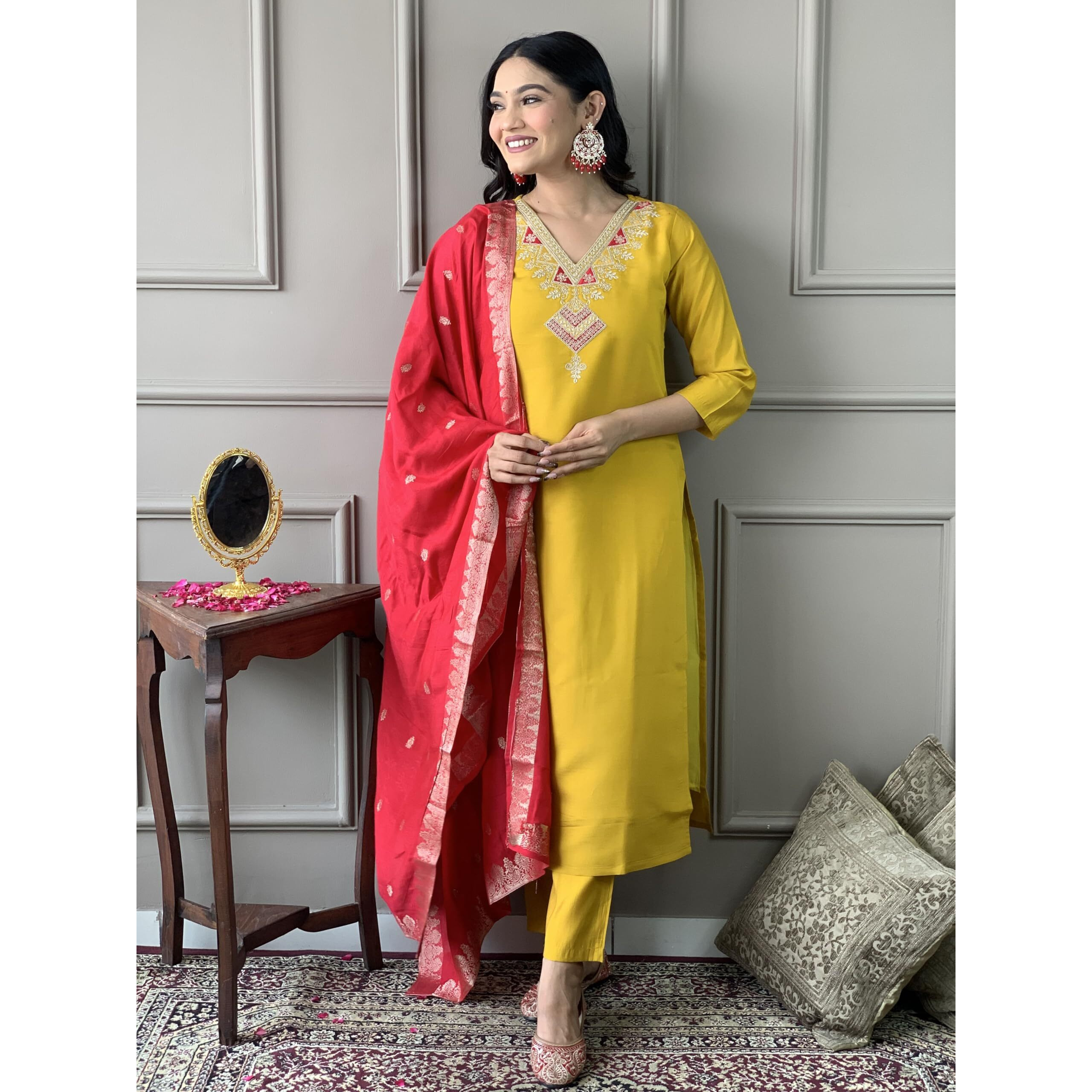 Naixa Women's Mustard Chanderi With Full Cotton Lining Embroidered Straight Kurta With Chanderi Pant And Viscose Jacquard Dupatta Sets (Nx3-561-Mustard-Xs)