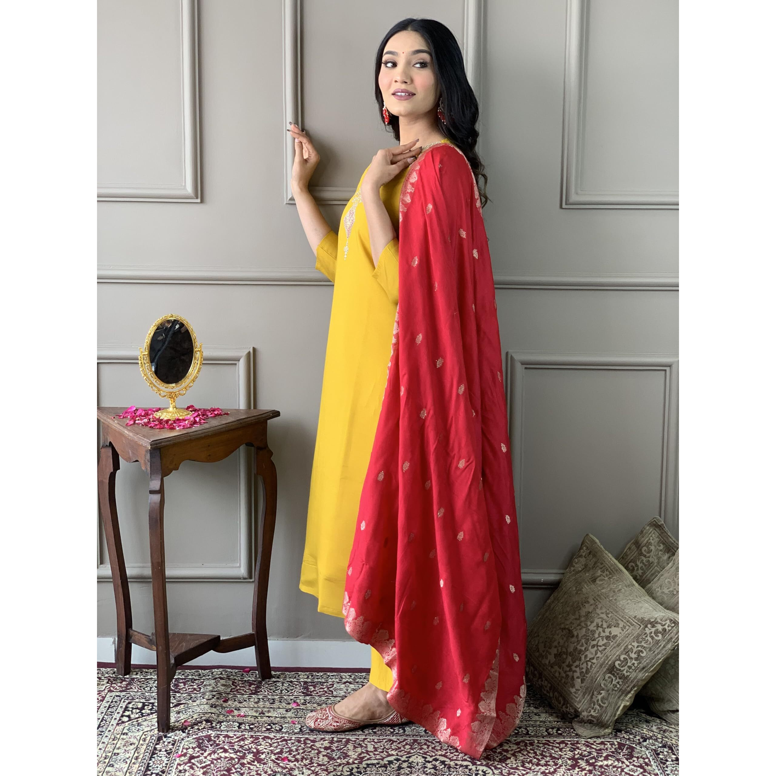 Naixa Women's Mustard Chanderi With Full Cotton Lining Embroidered Straight Kurta With Chanderi Pant And Viscose Jacquard Dupatta Sets (Nx3-561-Mustard-Xs)