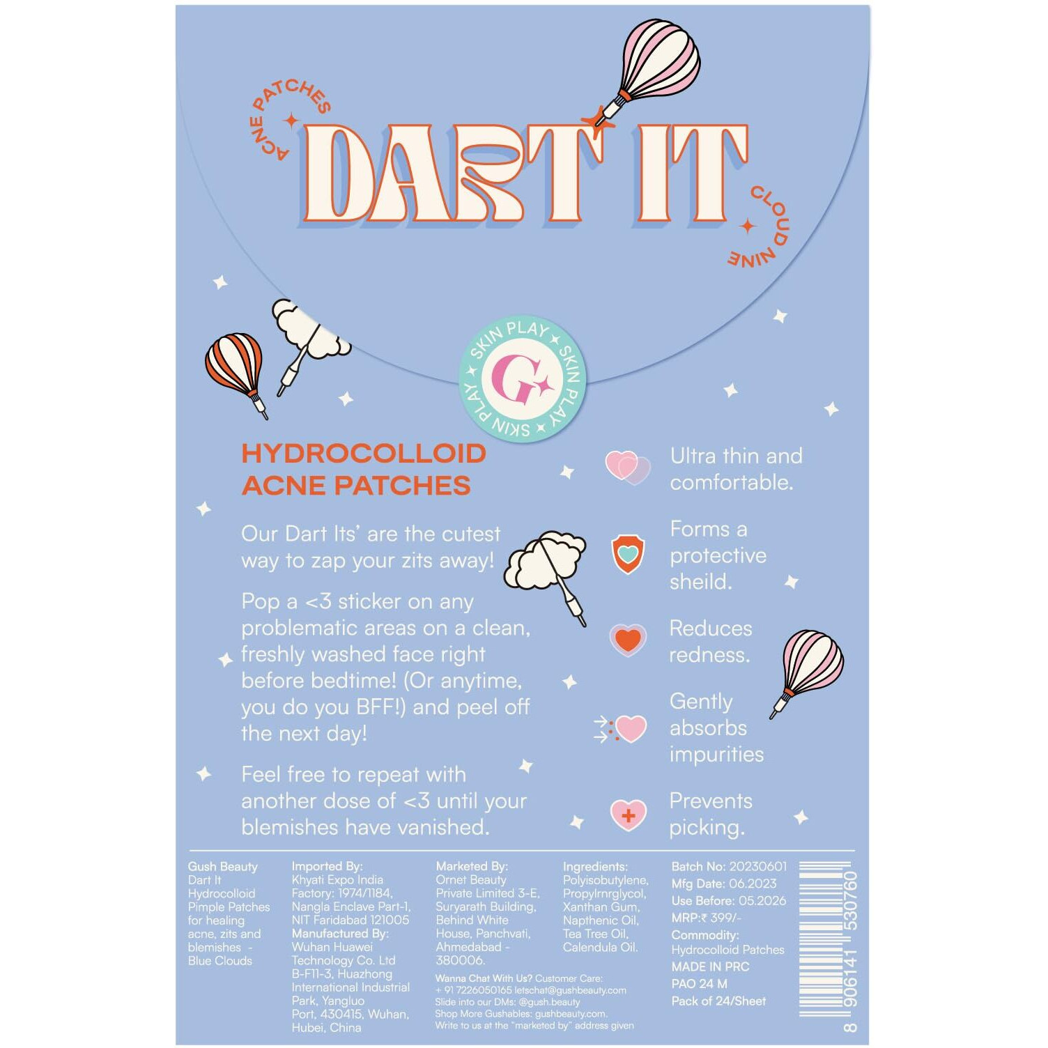 Gush Beauty Acne Pimple Patch | 20 Hydrocolloid Patches With Tea Tree Oil | For Active Surface Acne | Reduces Acne, Pimples & Excess Oil Overnight | (Blue Clouds, Pack Of 2)